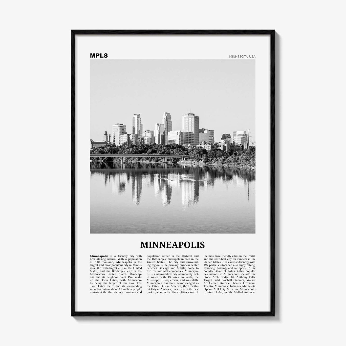 Minneapolis Print Black and White No 1, Minneapolis Wall Art, Minneapolis Poster, Twin Cities Hennepin Minnesota USA United States