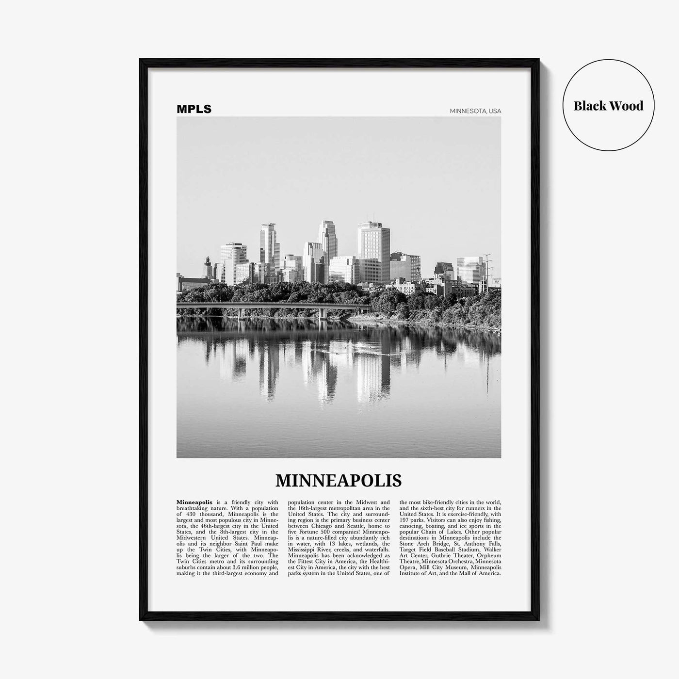 Minneapolis Print Black and White No 1, Minneapolis Wall Art, Minneapolis Poster, Twin Cities Hennepin Minnesota USA United States