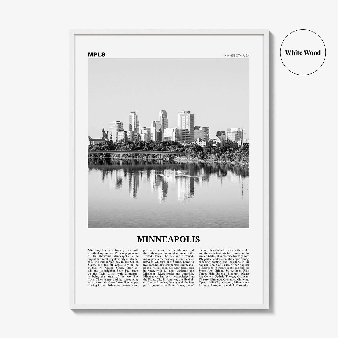 Minneapolis Print Black and White No 1, Minneapolis Wall Art, Minneapolis Poster, Twin Cities Hennepin Minnesota USA United States