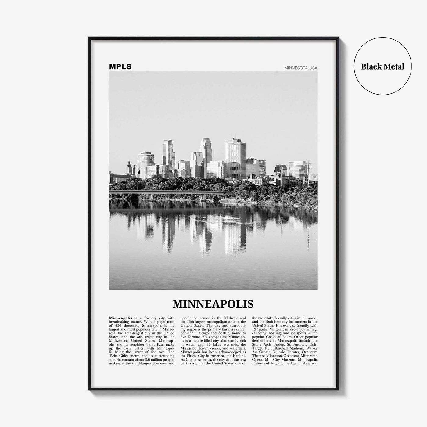 Minneapolis Print Black and White No 1, Minneapolis Wall Art, Minneapolis Poster, Twin Cities Hennepin Minnesota USA United States