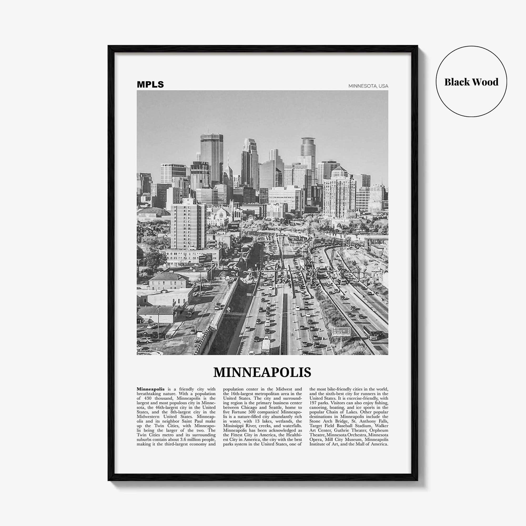 Minneapolis Print Black and White No 2, Minneapolis Wall Art, Minneapolis Poster, Twin Cities Hennepin Minnesota USA United States