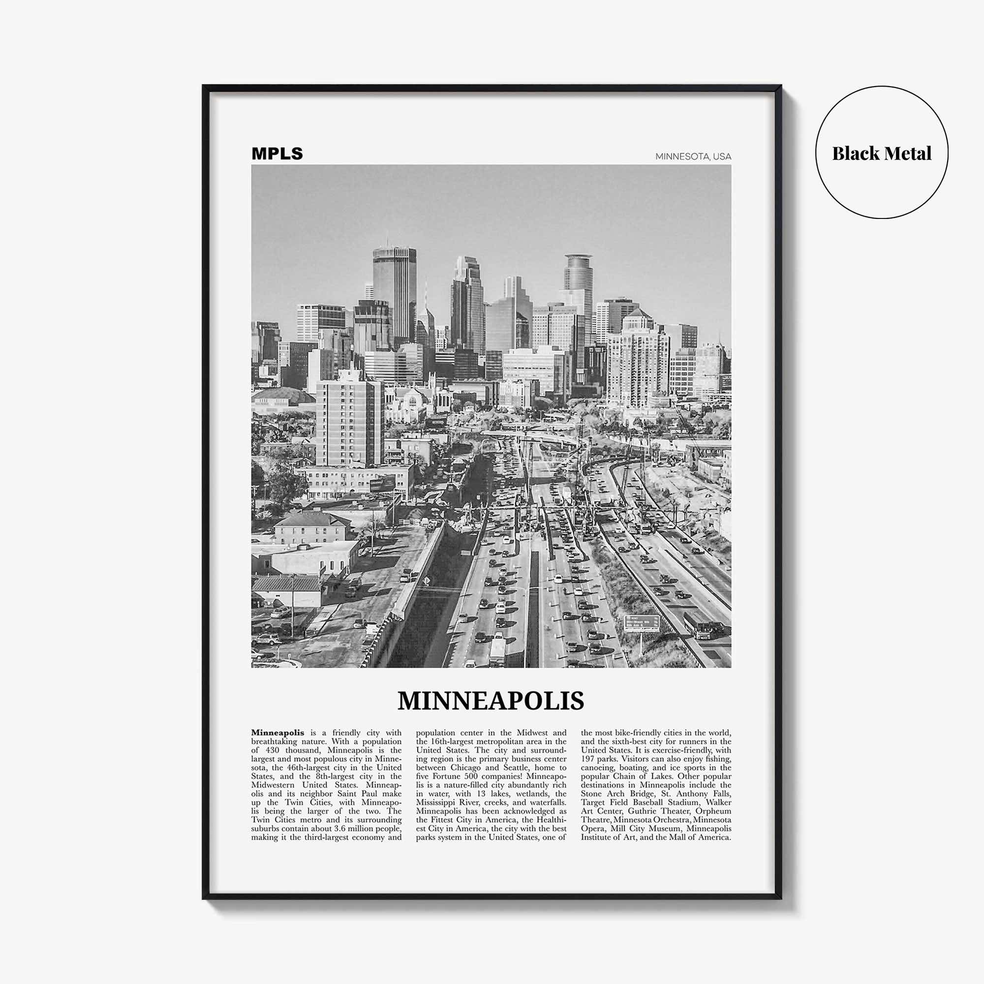Minneapolis Print Black and White No 2, Minneapolis Wall Art, Minneapolis Poster, Twin Cities Hennepin Minnesota USA United States