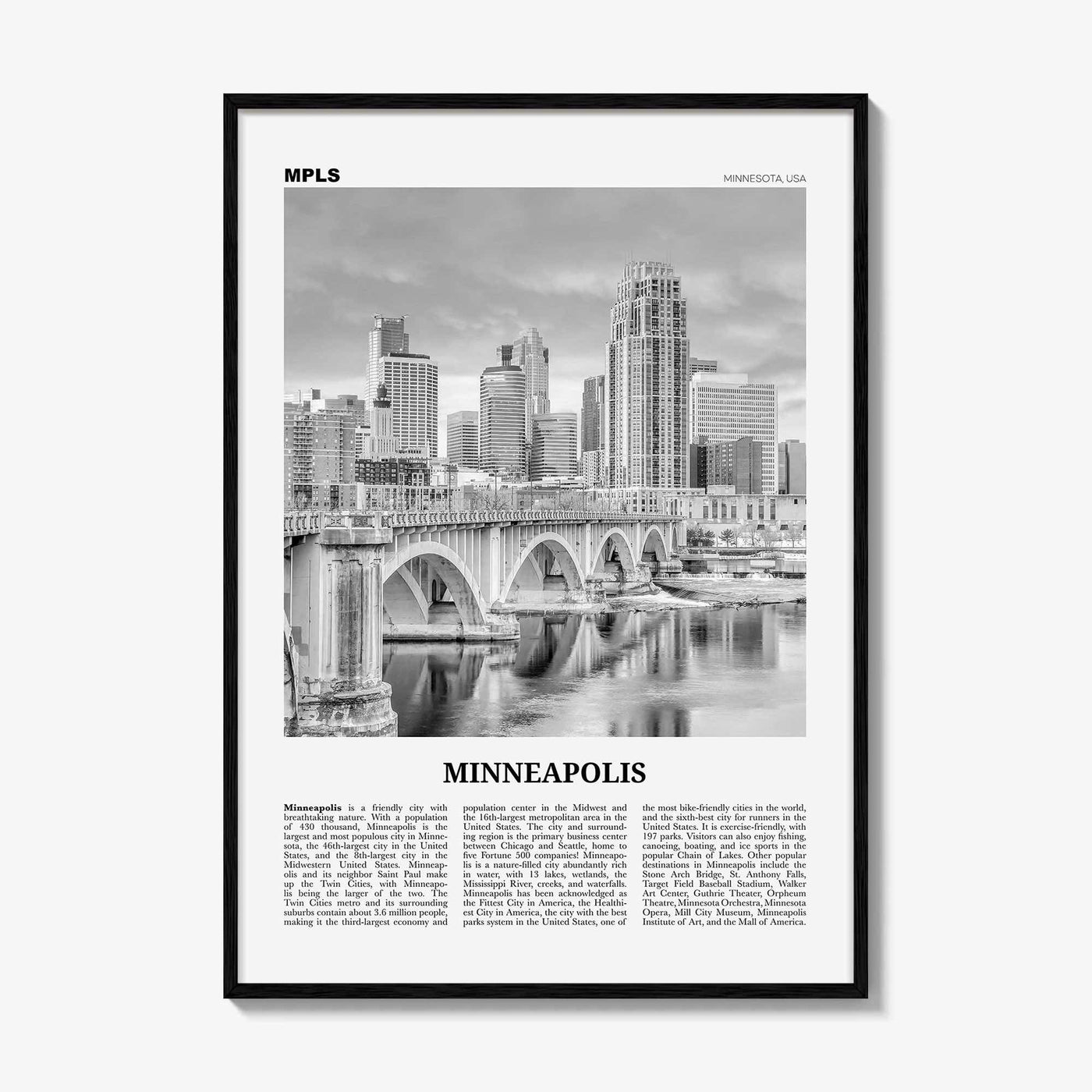 Minneapolis Print Black and White No 3, Minneapolis Wall Art, Minneapolis Poster, Twin Cities Hennepin Minnesota USA United States