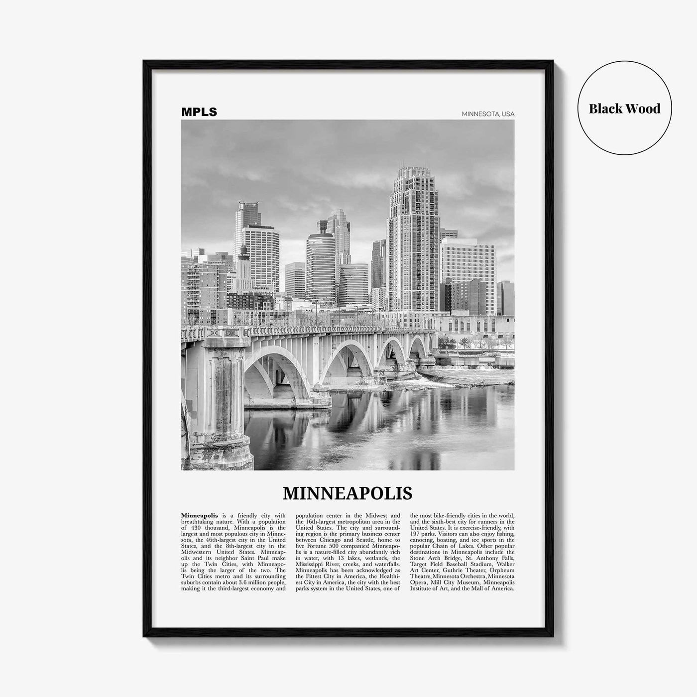 Minneapolis Print Black and White No 3, Minneapolis Wall Art, Minneapolis Poster, Twin Cities Hennepin Minnesota USA United States
