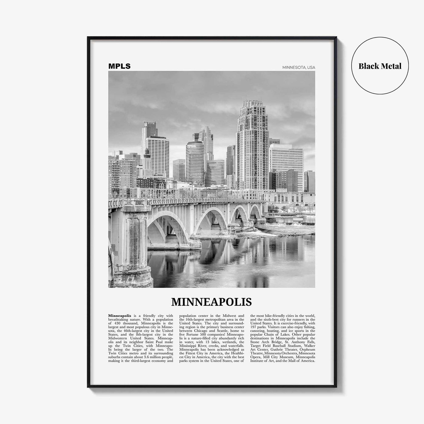 Minneapolis Print Black and White No 3, Minneapolis Wall Art, Minneapolis Poster, Twin Cities Hennepin Minnesota USA United States