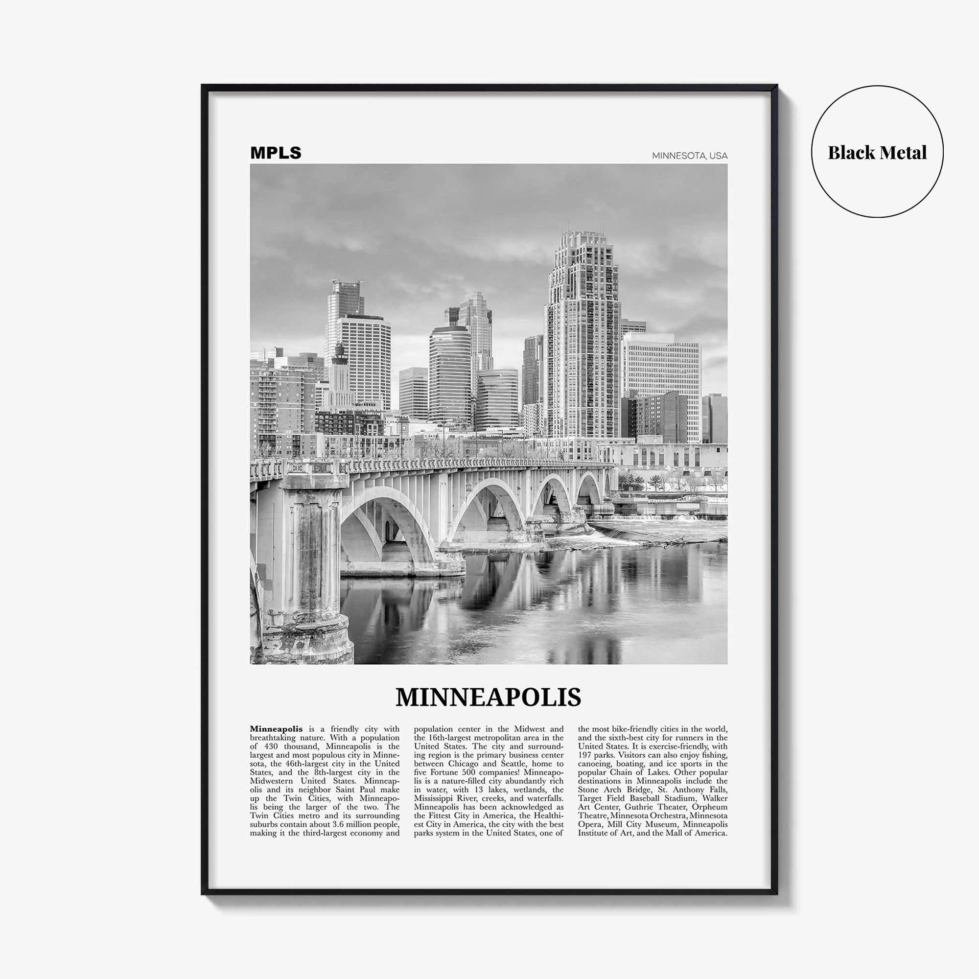 Minneapolis Print Black and White No 3, Minneapolis Wall Art, Minneapolis Poster, Twin Cities Hennepin Minnesota USA United States