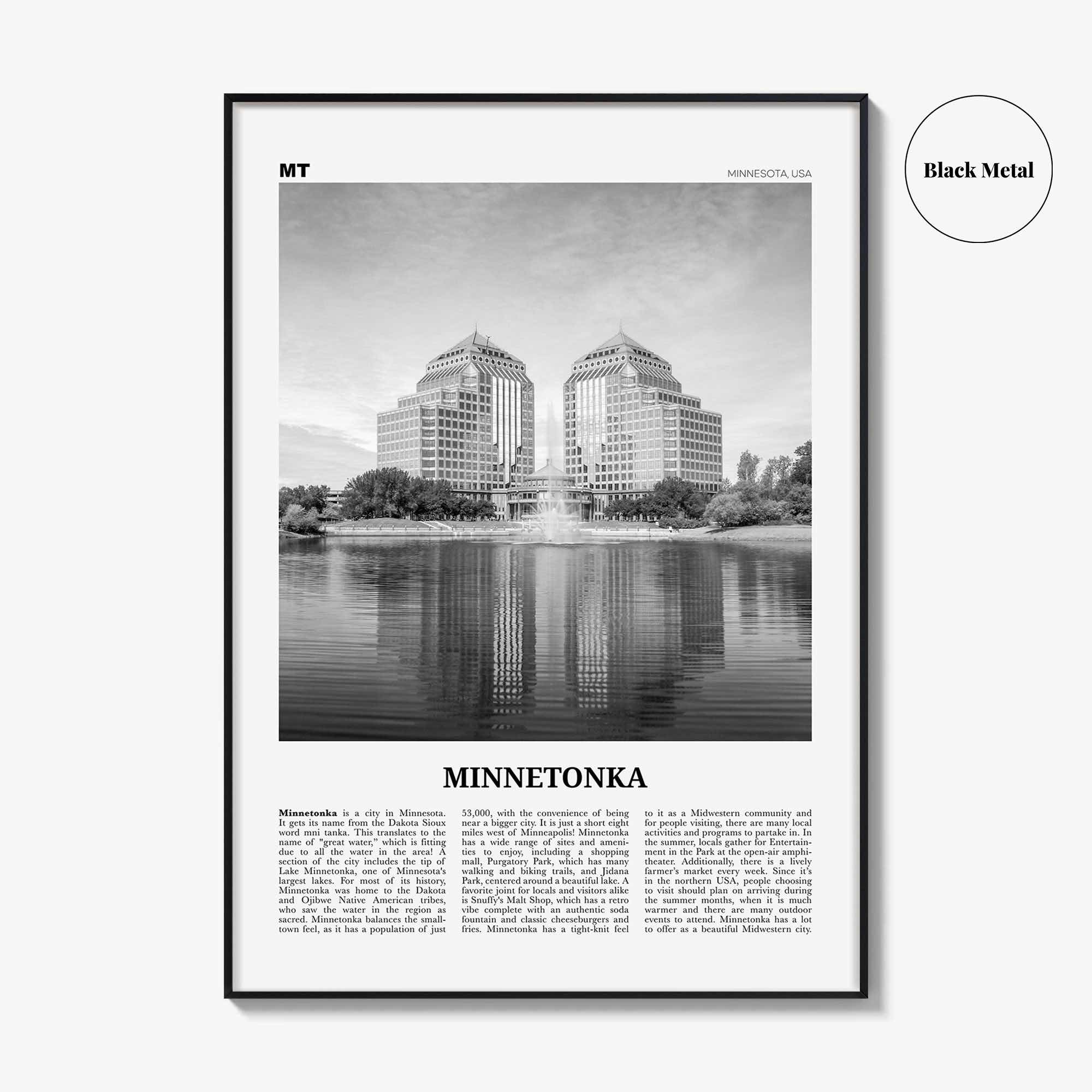 Minnetonka Print Black and White, Minnetonka Wall Art, Minnetonka Poster, Minnetonka Photo, Minnetonka Décor, Minnetonka Map, Minnesota, USA