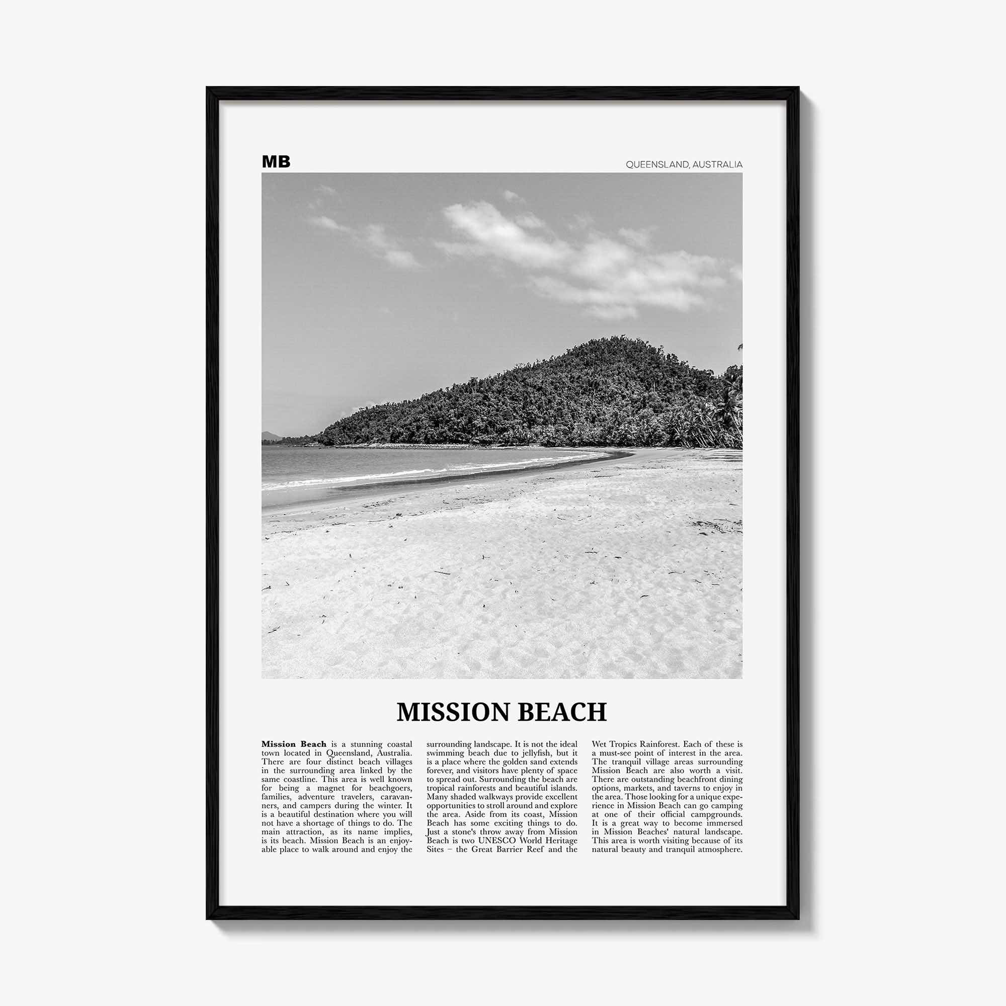 Mission Beach Print Black and White Queensland, Mission Beach Wall Art, Mission Beach Poster, Mission Beach Photo, Australia