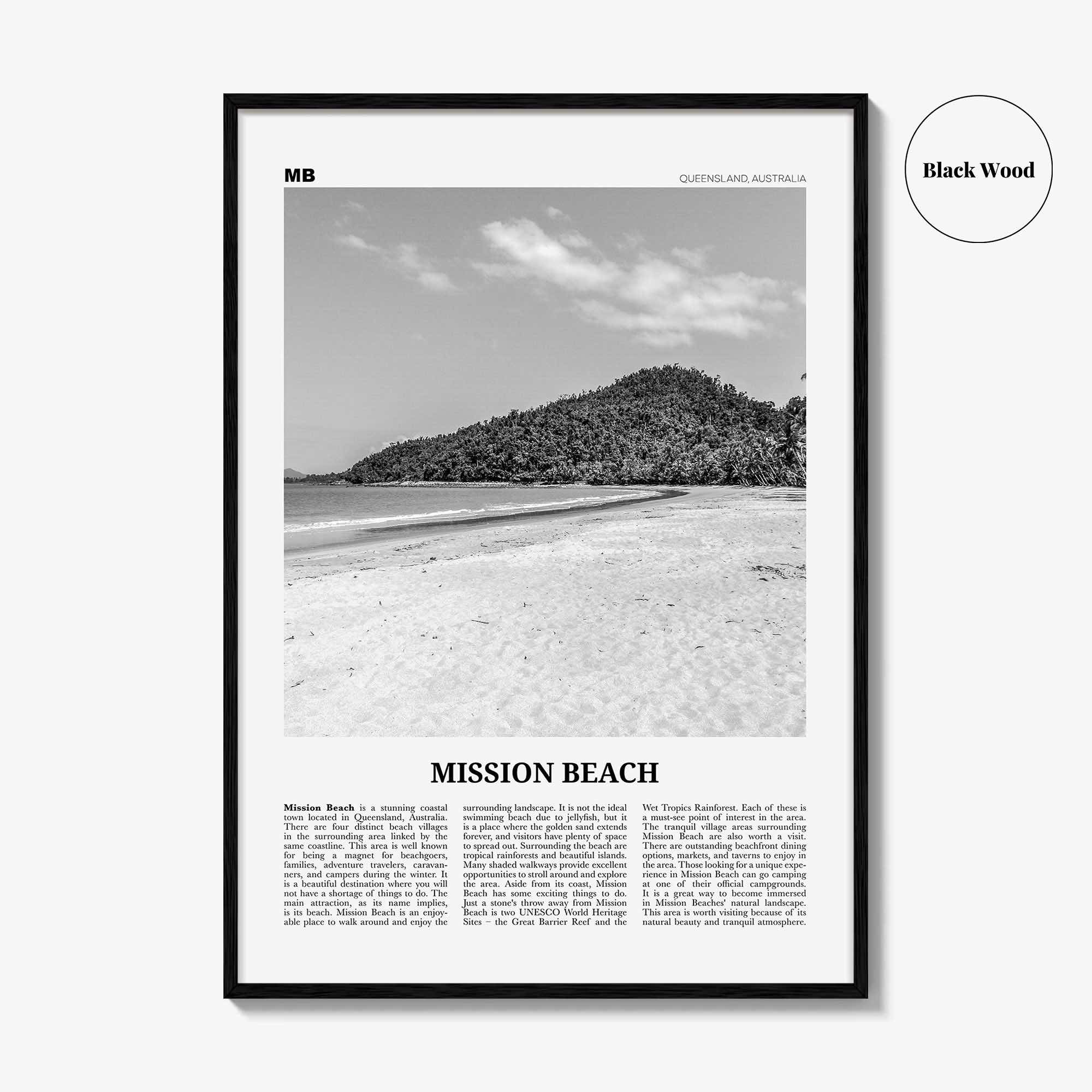 Mission Beach Print Black and White Queensland, Mission Beach Wall Art, Mission Beach Poster, Mission Beach Photo, Australia