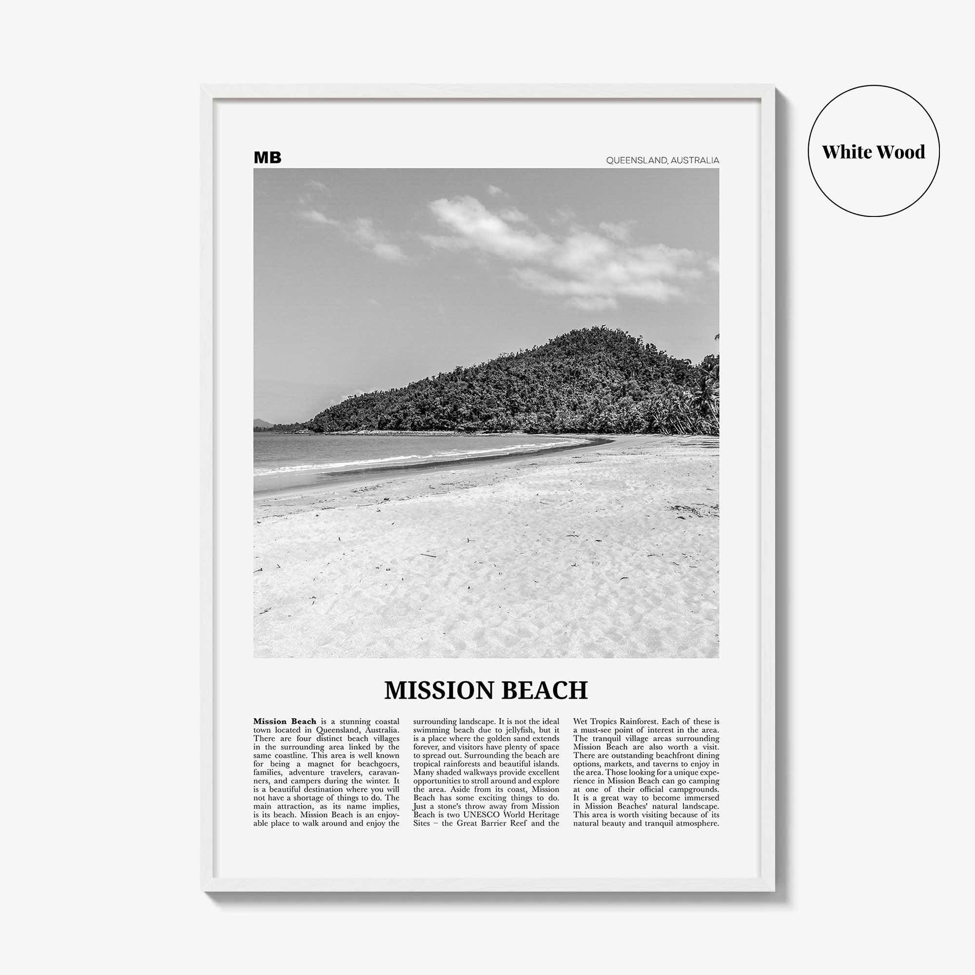 Mission Beach Print Black and White Queensland, Mission Beach Wall Art, Mission Beach Poster, Mission Beach Photo, Australia