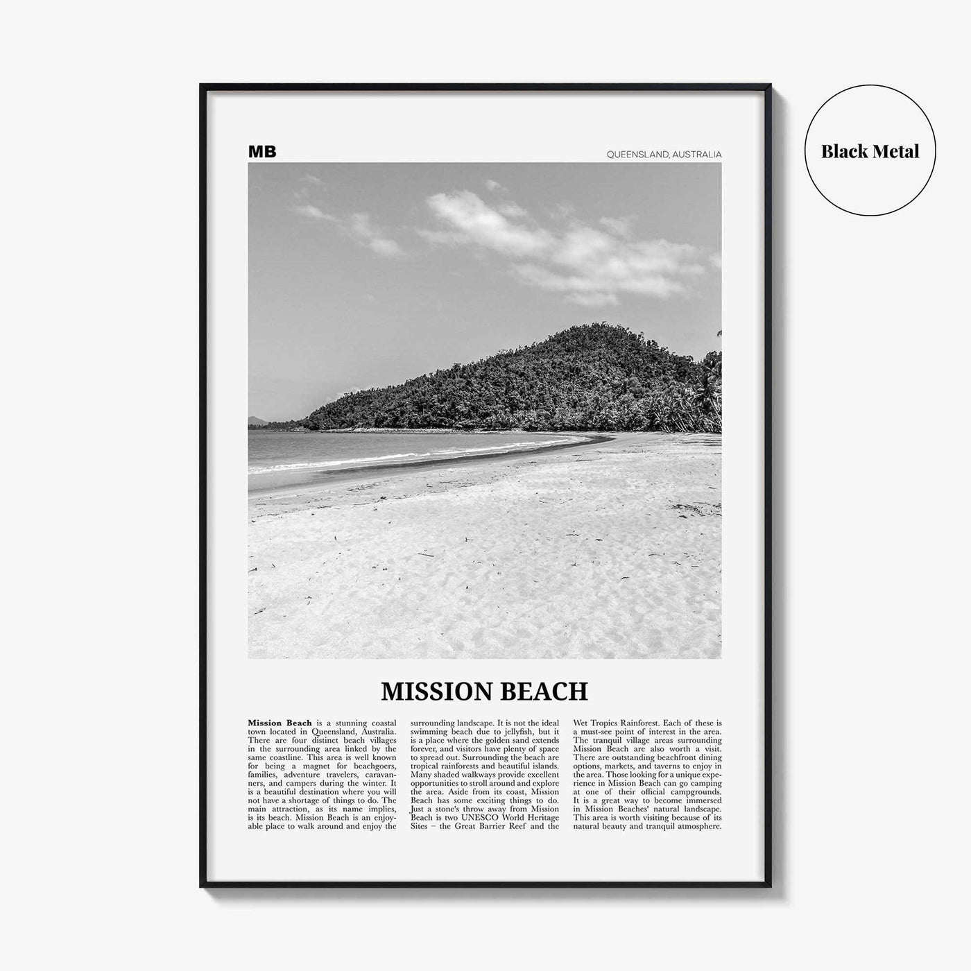 Mission Beach Print Black and White Queensland, Mission Beach Wall Art, Mission Beach Poster, Mission Beach Photo, Australia