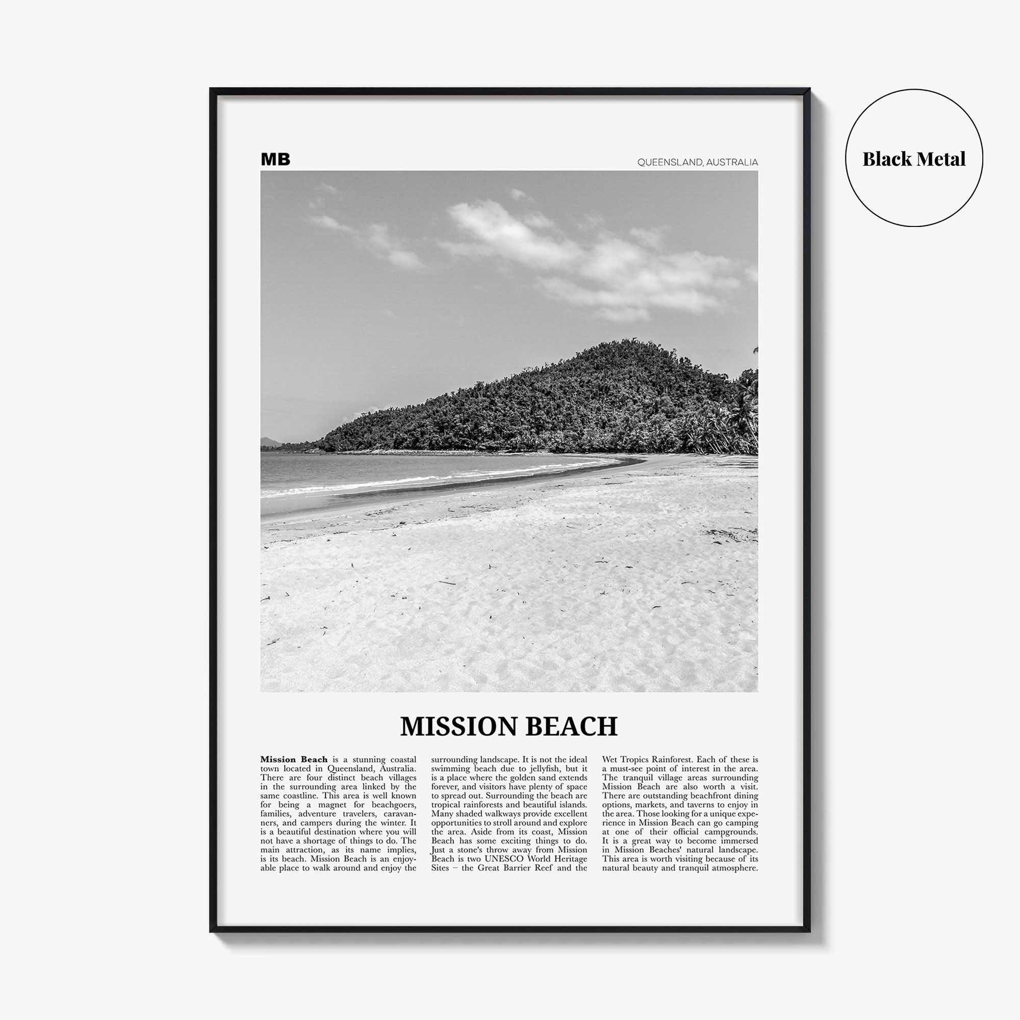 Mission Beach Print Black and White Queensland, Mission Beach Wall Art, Mission Beach Poster, Mission Beach Photo, Australia