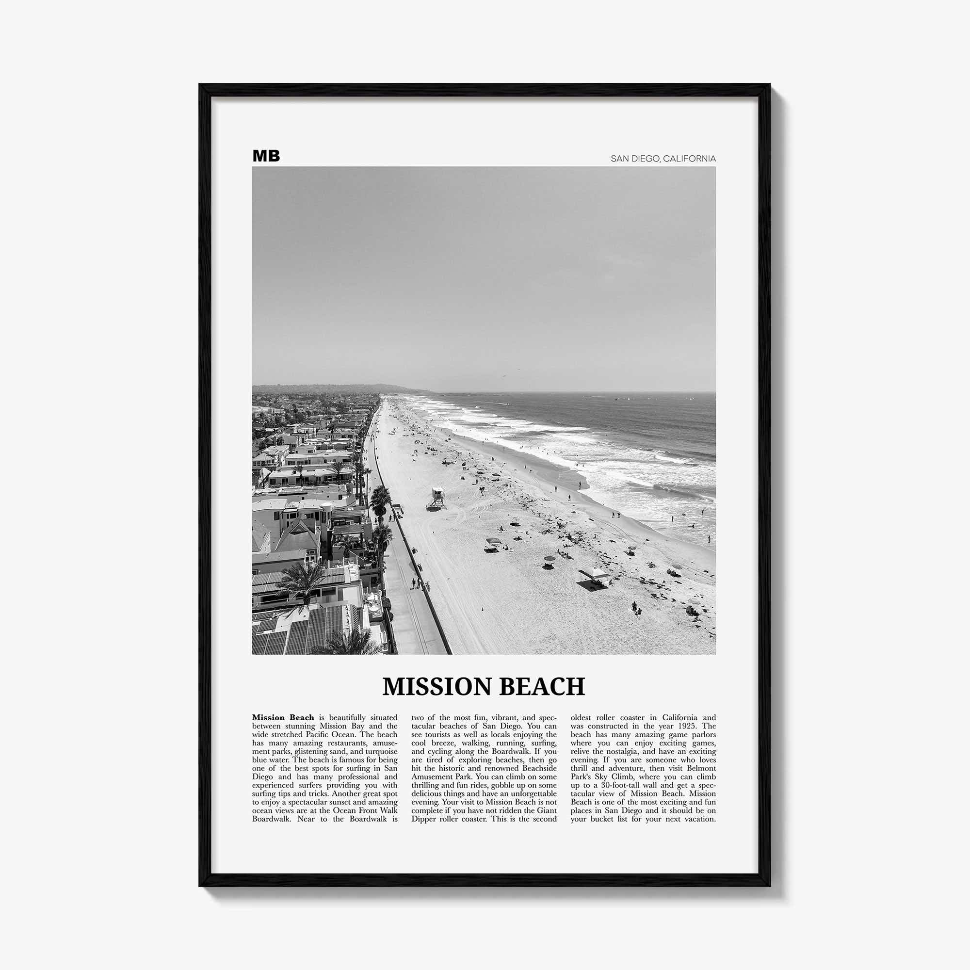 Mission Beach Print Black and White San Diego No 1, Mission Beach Wall Art, Mission Beach Poster, Mission Beach Photo, California, USA