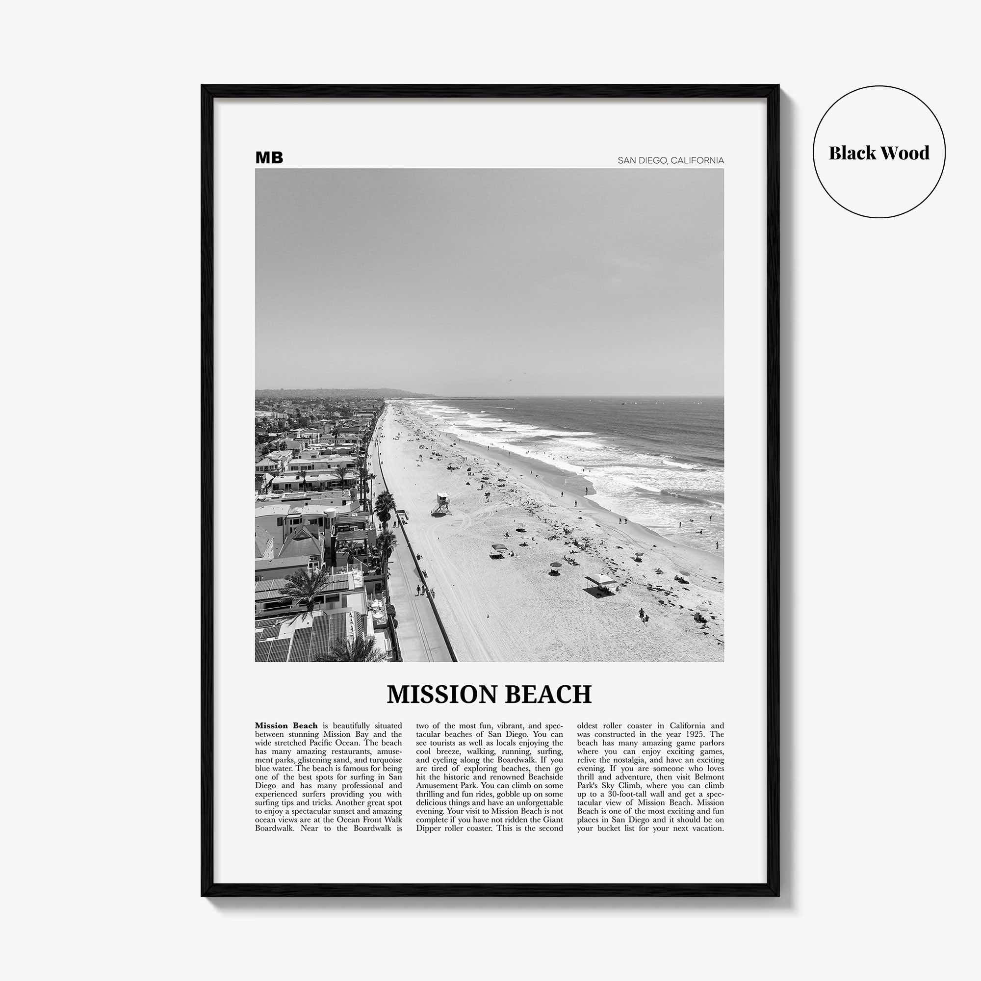 Mission Beach Print Black and White San Diego No 1, Mission Beach Wall Art, Mission Beach Poster, Mission Beach Photo, California, USA