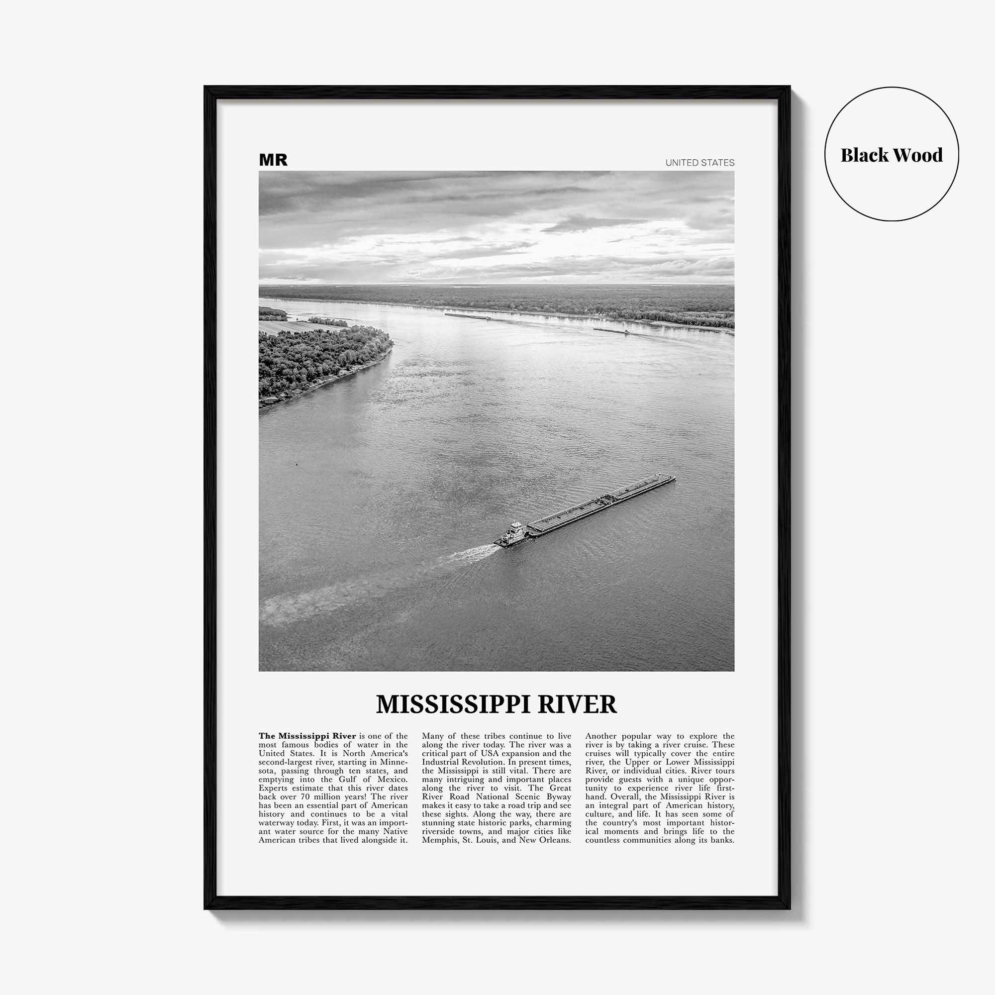 Mississippi River Print Black and White, Mississippi River Wall Art, Mississippi River Poster, Mississippi River Photo, Mississippi Map, USA