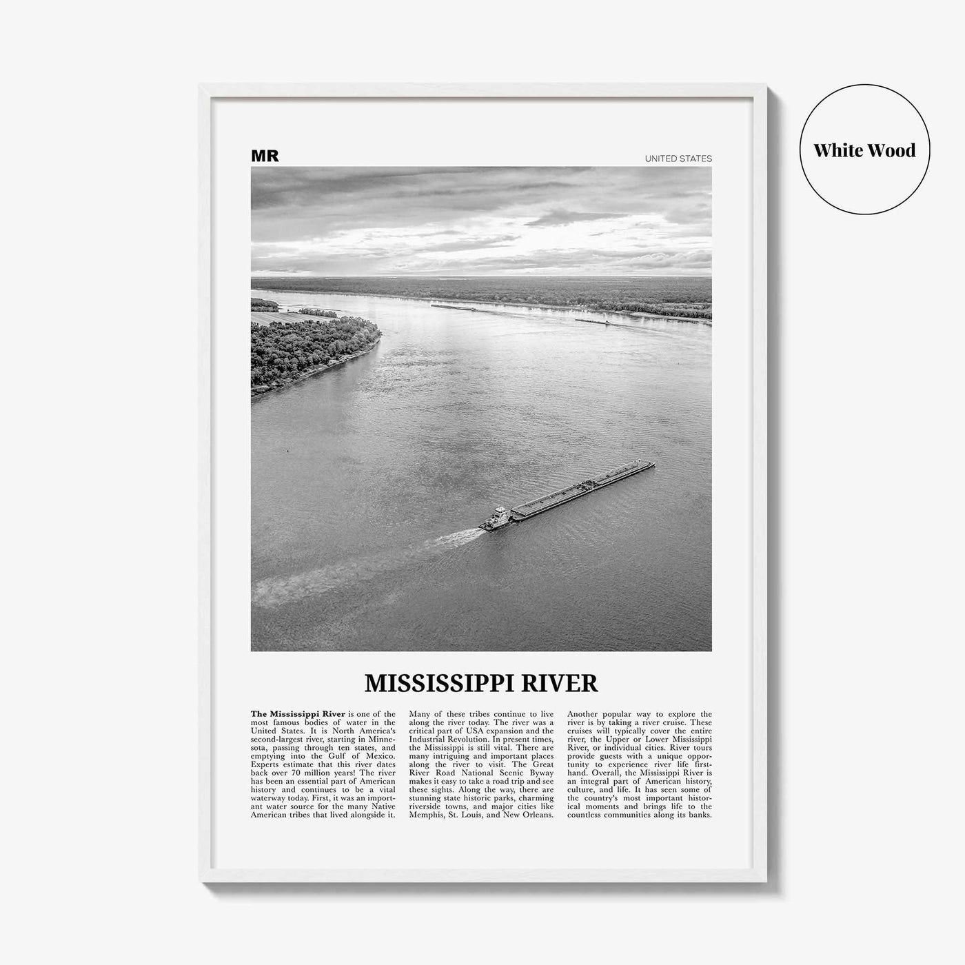 Mississippi River Print Black and White, Mississippi River Wall Art, Mississippi River Poster, Mississippi River Photo, Mississippi Map, USA