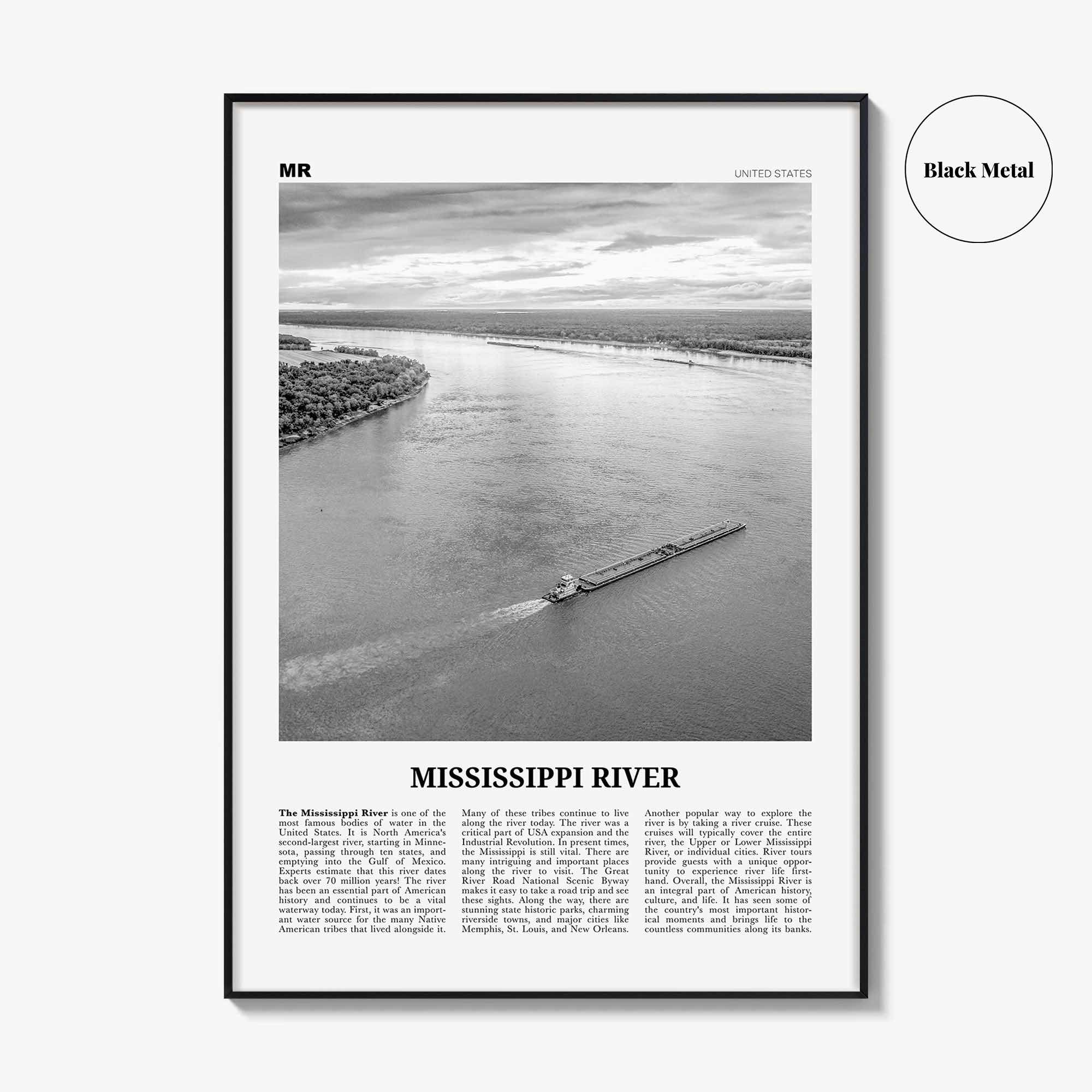 Mississippi River Print Black and White, Mississippi River Wall Art, Mississippi River Poster, Mississippi River Photo, Mississippi Map, USA