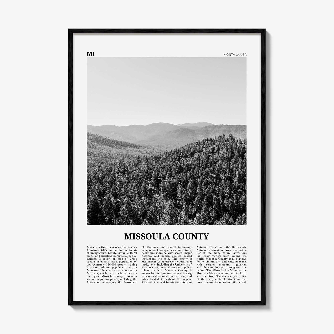 Missoula County Print Black and White, Missoula County Wall Art, Missoula County Poster, Missoula Photo, Missoula Wall Décor, Missoula Map