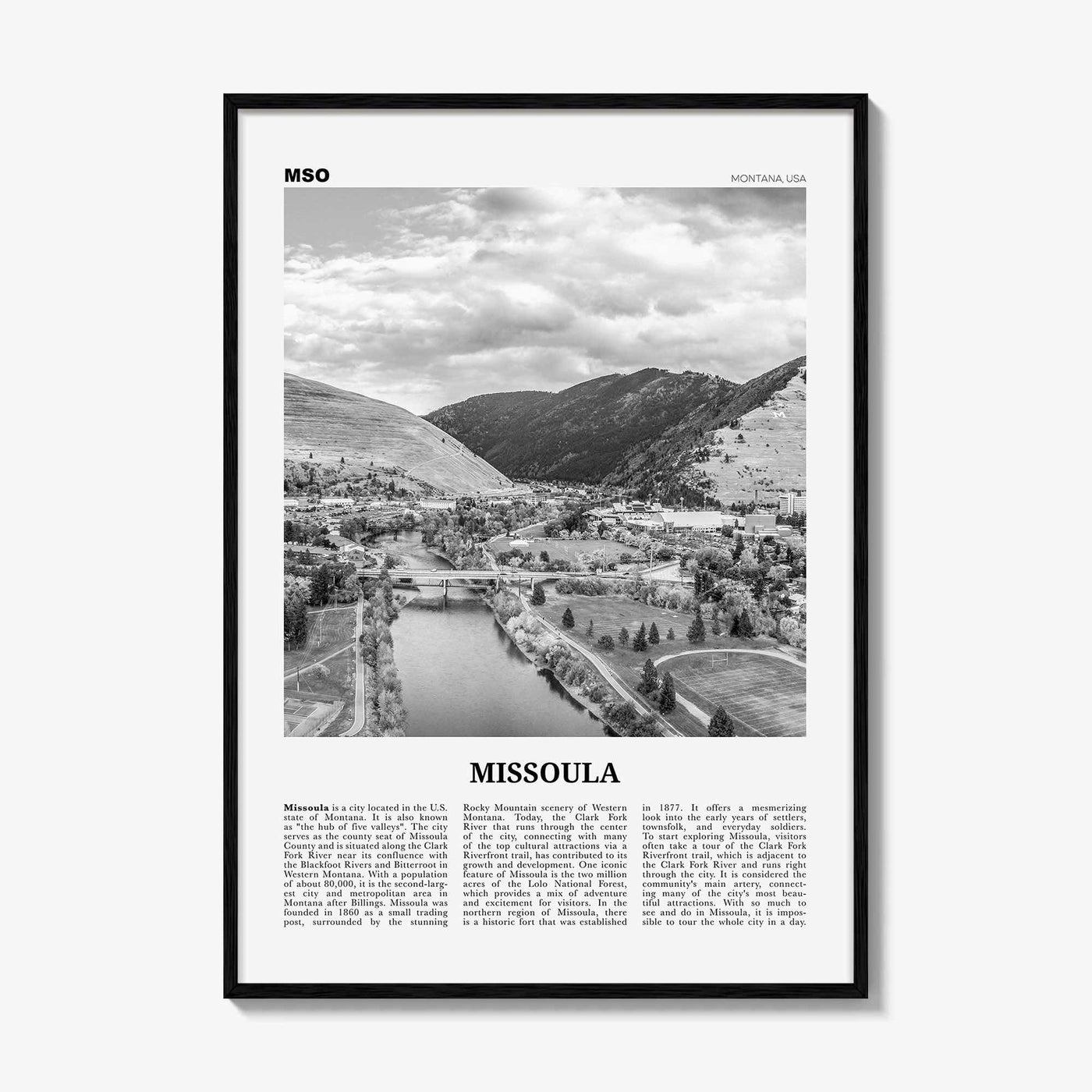 Missoula Print Black and White, Missoula Wall Art, Missoula Poster, Missoula Photo, Missoula Wall Décor, Montana, USA, United States