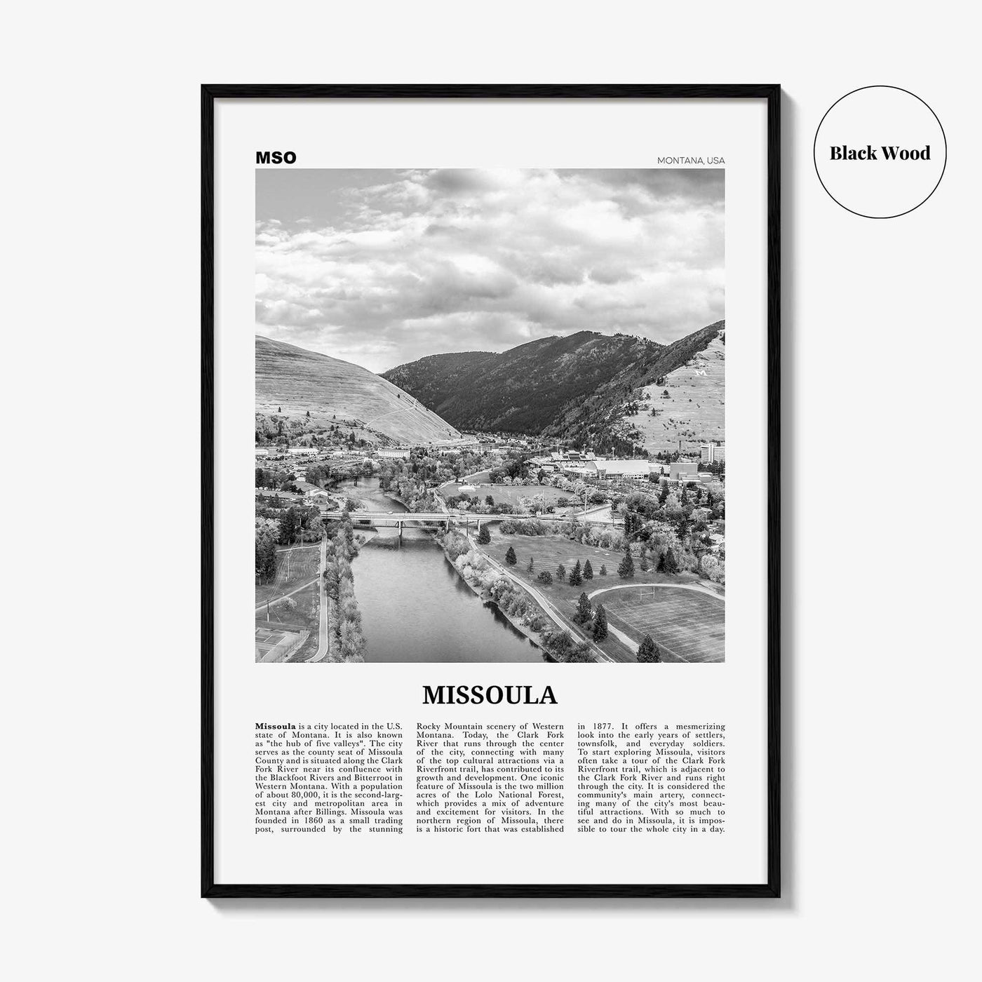 Missoula Print Black and White, Missoula Wall Art, Missoula Poster, Missoula Photo, Missoula Wall Décor, Montana, USA, United States