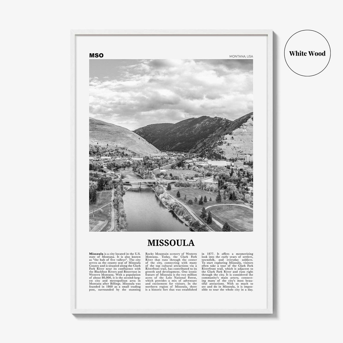 Missoula Print Black and White, Missoula Wall Art, Missoula Poster, Missoula Photo, Missoula Wall Décor, Montana, USA, United States