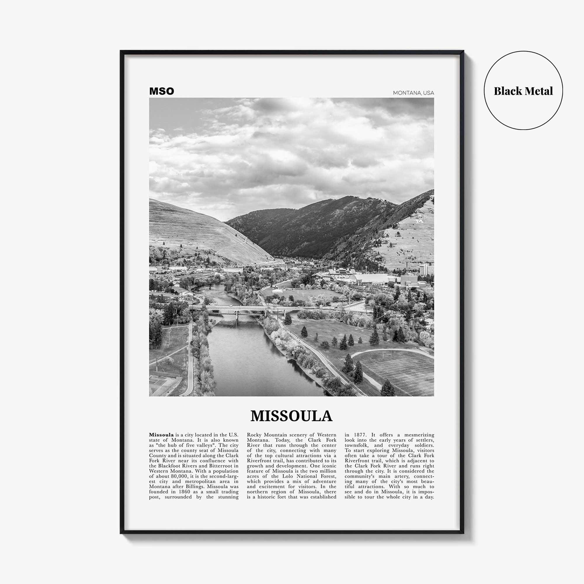 Missoula Print Black and White, Missoula Wall Art, Missoula Poster, Missoula Photo, Missoula Wall Décor, Montana, USA, United States