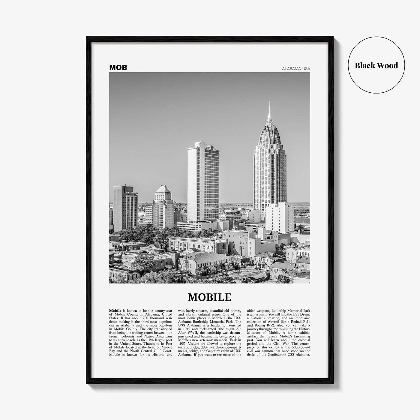 Mobile Print Black and White, Mobile Wall Art, Mobile Poster, Mobile Photo, Mobile Wall Décor, Alabama, USA, United States