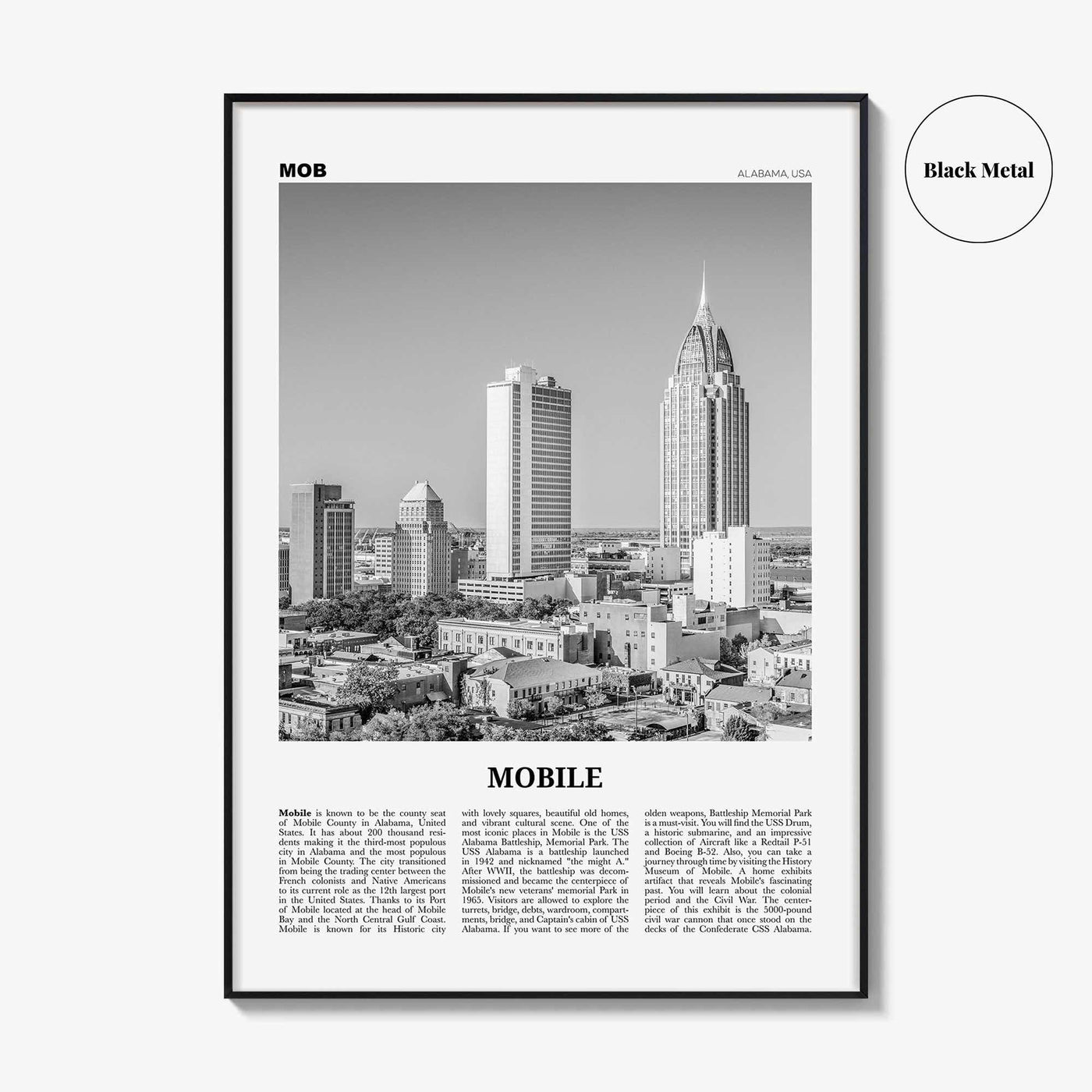 Mobile Print Black and White, Mobile Wall Art, Mobile Poster, Mobile Photo, Mobile Wall Décor, Alabama, USA, United States