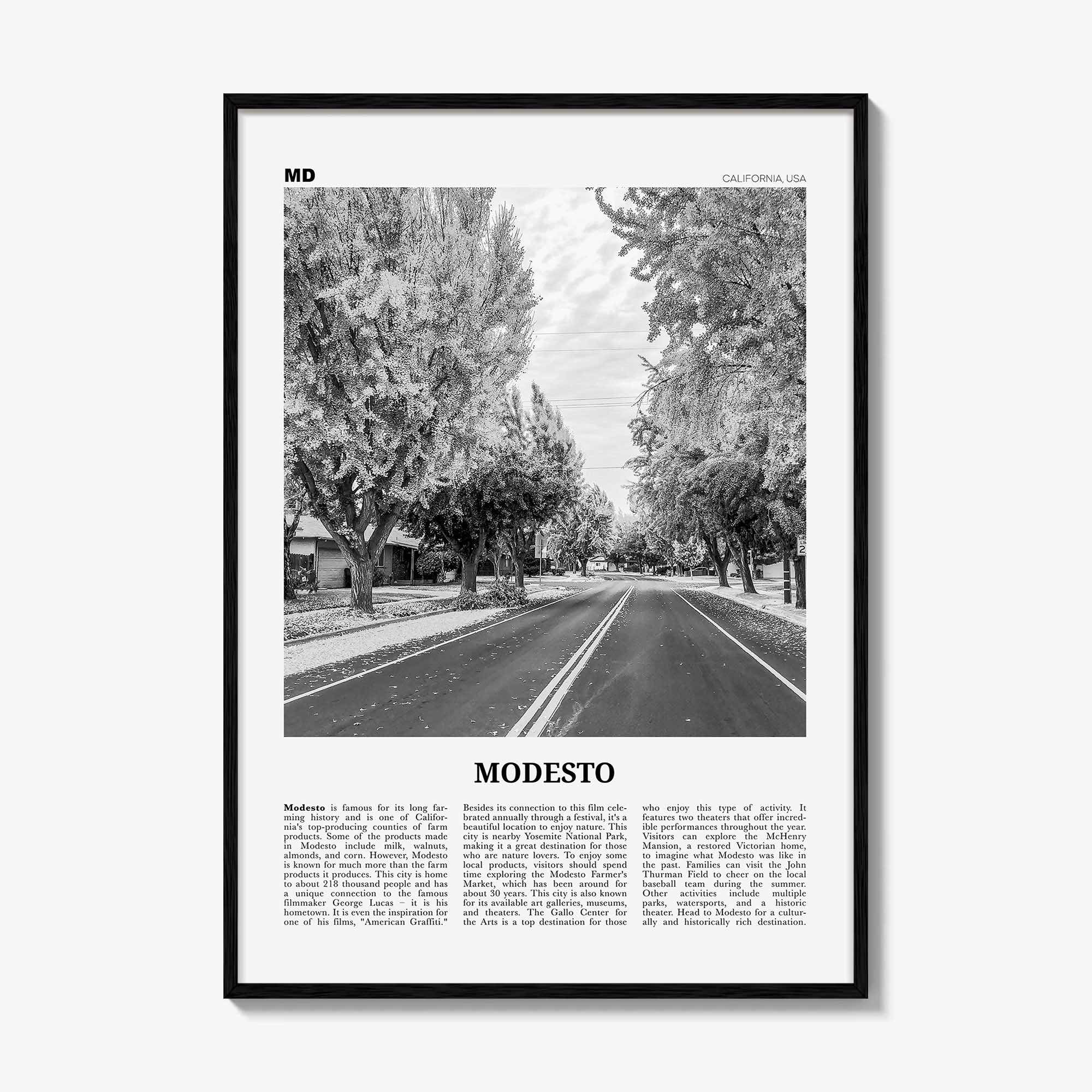 Modesto Print Black and White, Modesto Wall Art, Modesto Poster, Modesto Photo, Modesto Wall Décor, Modesto Map, California, USA