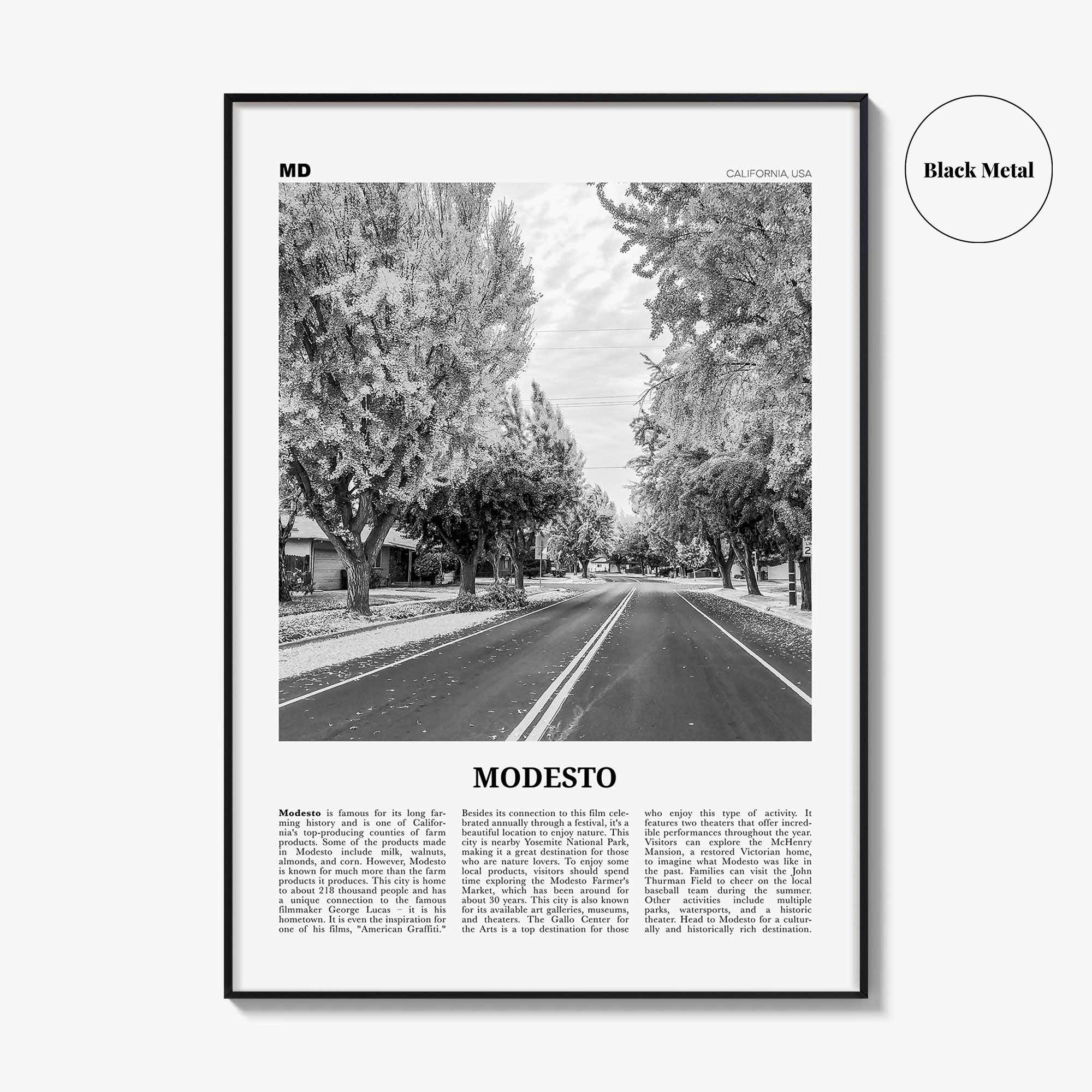 Modesto Print Black and White, Modesto Wall Art, Modesto Poster, Modesto Photo, Modesto Wall Décor, Modesto Map, California, USA