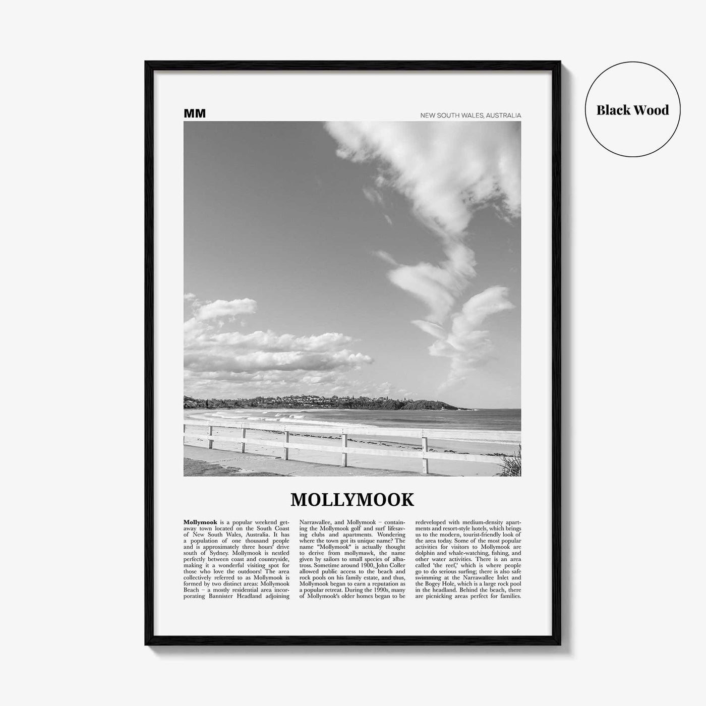 Mollymook Print Black and White, Mollymook Wall Art, Mollymook Poster, Mollymook Photo, Mollymook Wall Décor, New South Wales, Australia