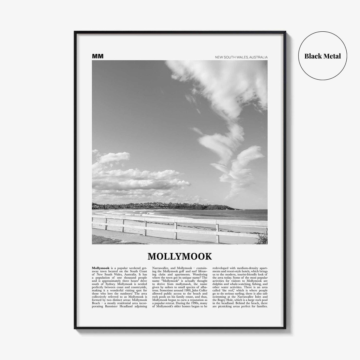 Mollymook Print Black and White, Mollymook Wall Art, Mollymook Poster, Mollymook Photo, Mollymook Wall Décor, New South Wales, Australia