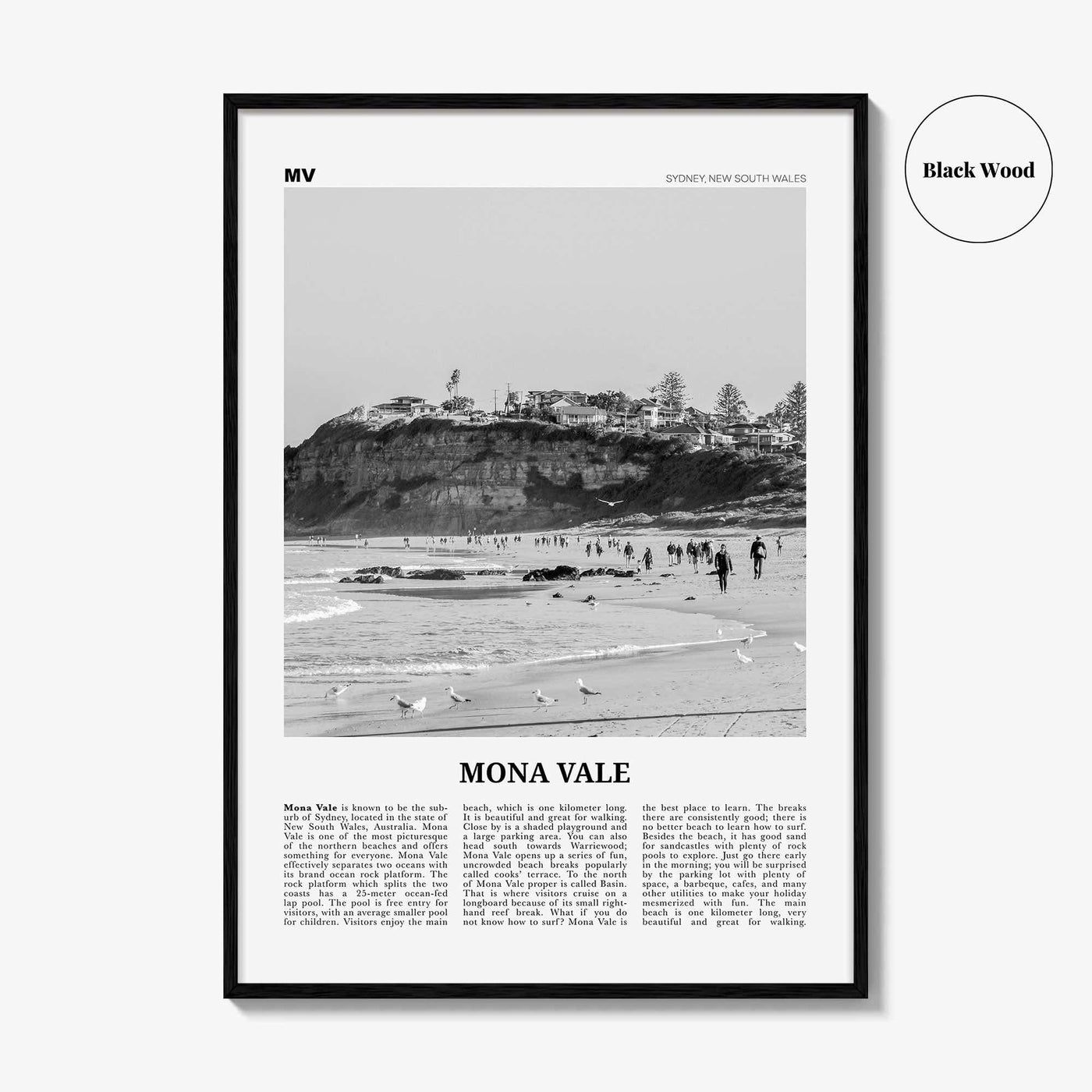 Mona Vale Print Black and White, Mona Vale Wall Art, Mona Vale Poster, Mona Vale Beach Photo, Sydney, Australia