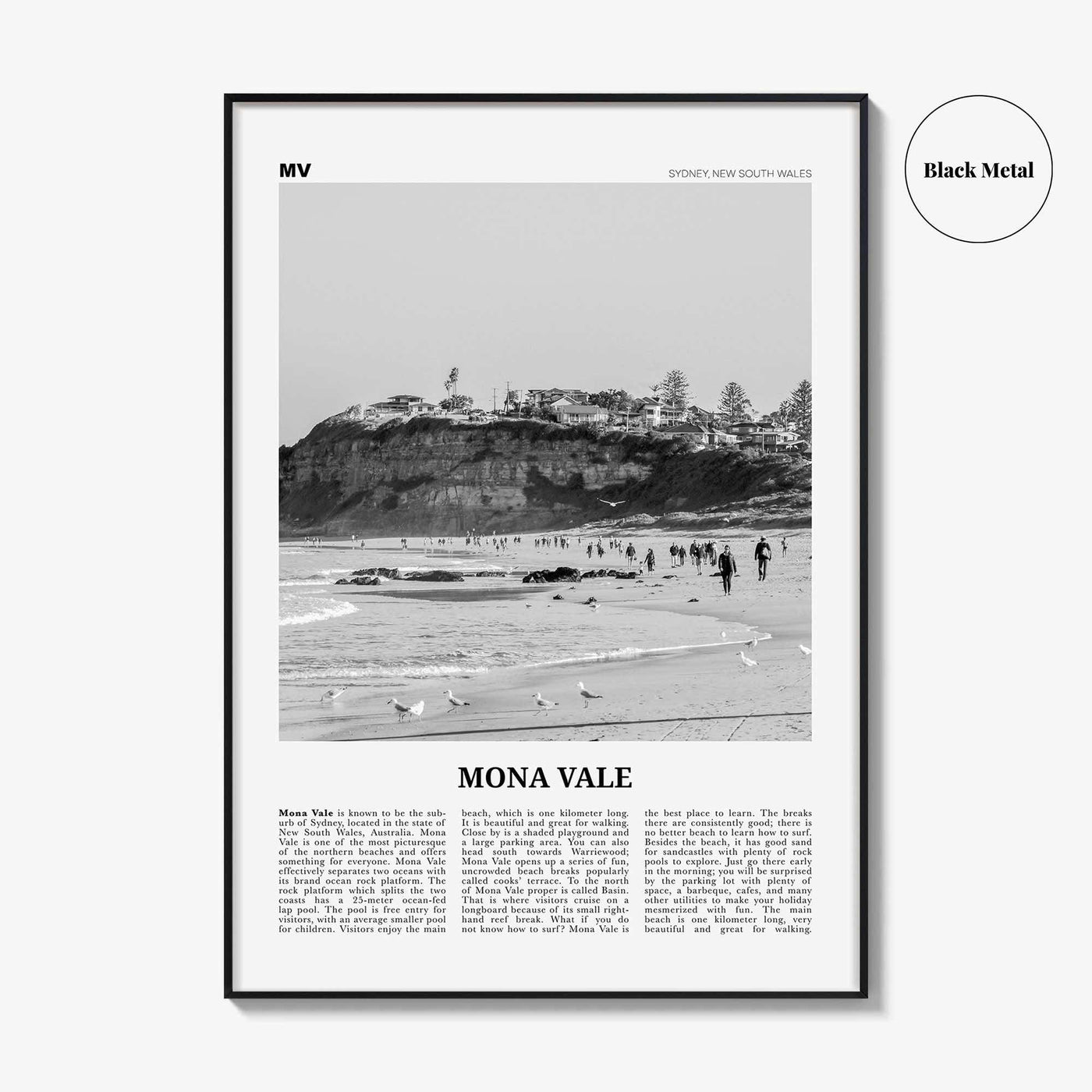 Mona Vale Print Black and White, Mona Vale Wall Art, Mona Vale Poster, Mona Vale Beach Photo, Sydney, Australia