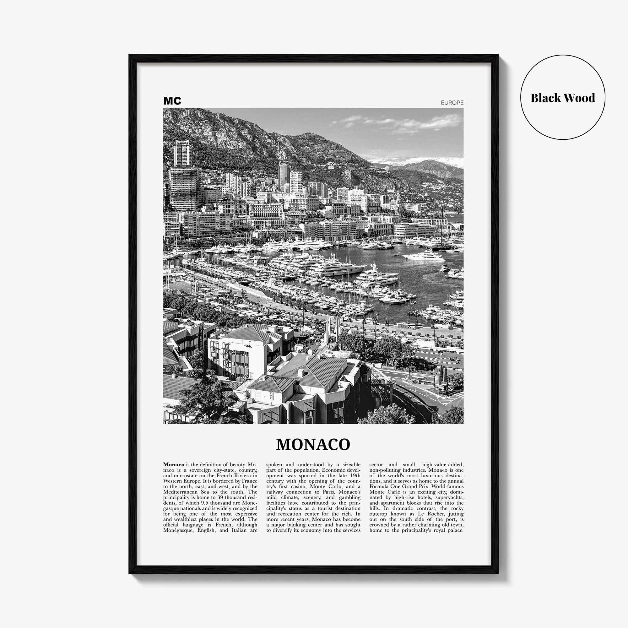 Monaco Print Black and White, Monaco Wall Art, Monaco Poster, Monaco Photo, Mùnegu, Mónegue, France, Europe, Monte Carlo, French Riviera