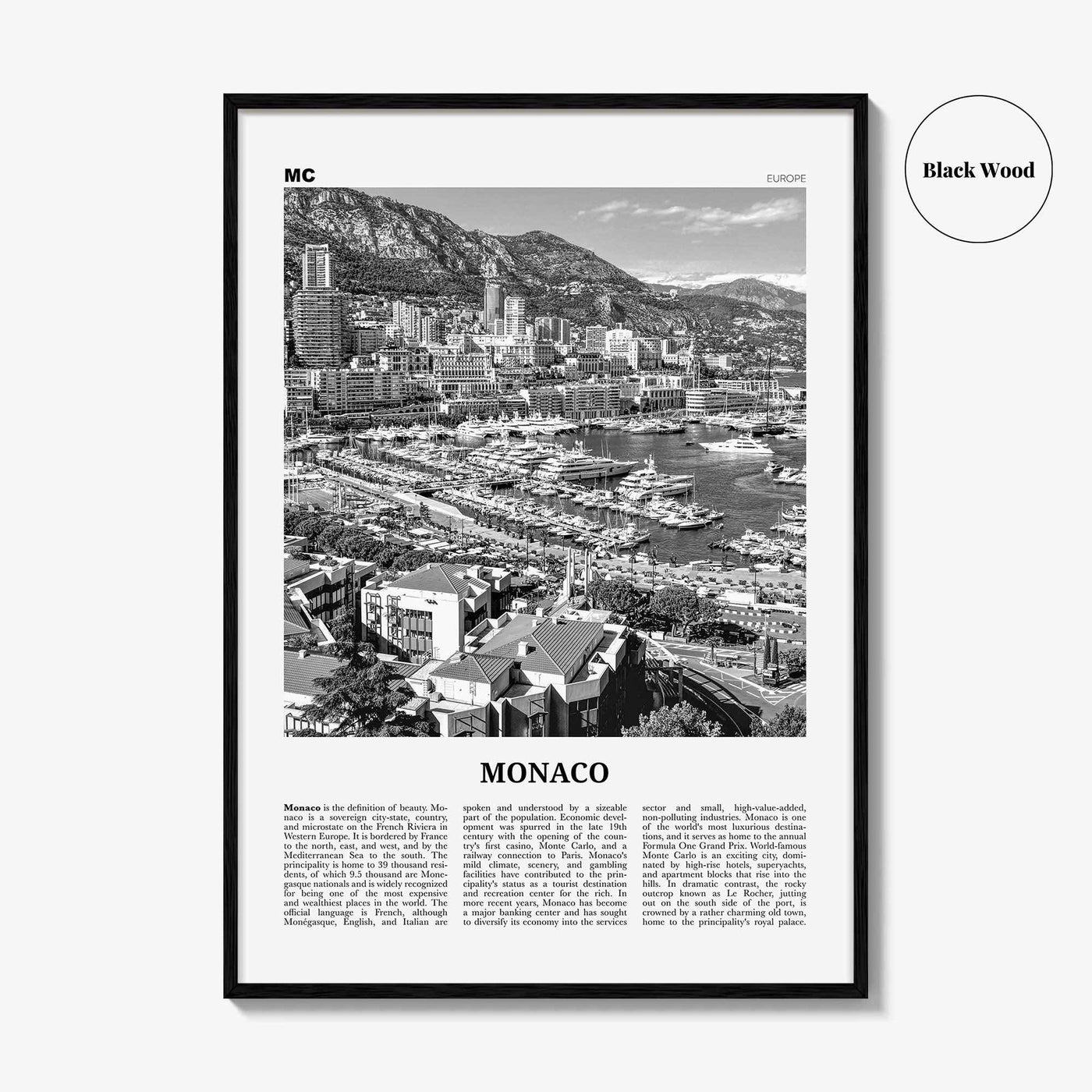 Monaco Print Black and White, Monaco Wall Art, Monaco Poster, Monaco Photo, Mùnegu, Mónegue, France, Europe, Monte Carlo, French Riviera