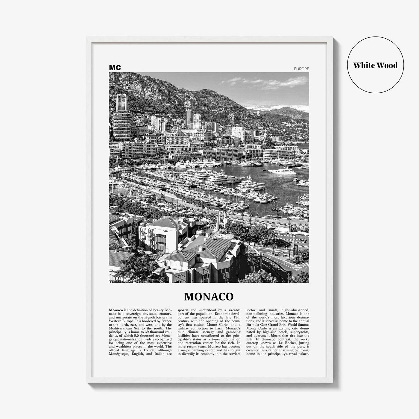 Monaco Print Black and White, Monaco Wall Art, Monaco Poster, Monaco Photo, Mùnegu, Mónegue, France, Europe, Monte Carlo, French Riviera