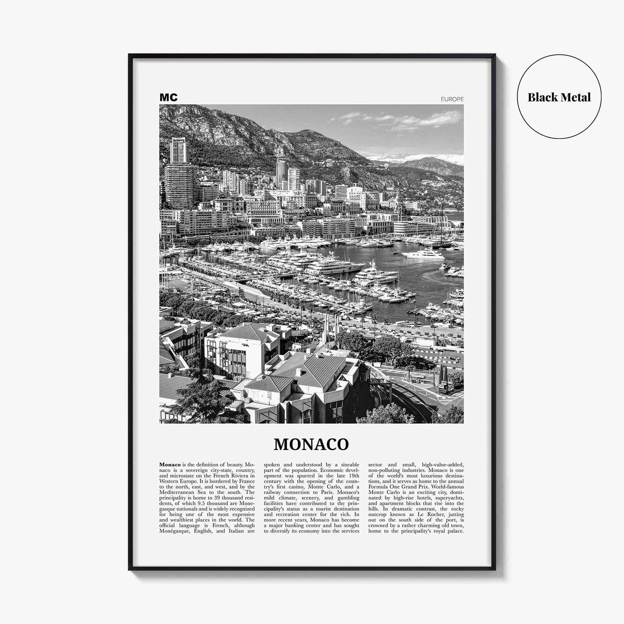 Monaco Print Black and White, Monaco Wall Art, Monaco Poster, Monaco Photo, Mùnegu, Mónegue, France, Europe, Monte Carlo, French Riviera