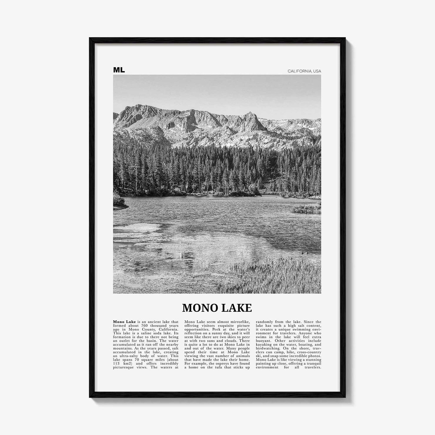 Mono Lake Print Black and White, Mono Lake Wall Art, Mono Lake Poster, Mono Lake Photo, Mono Lake Wall Décor, Mono Lake Map, California, USA