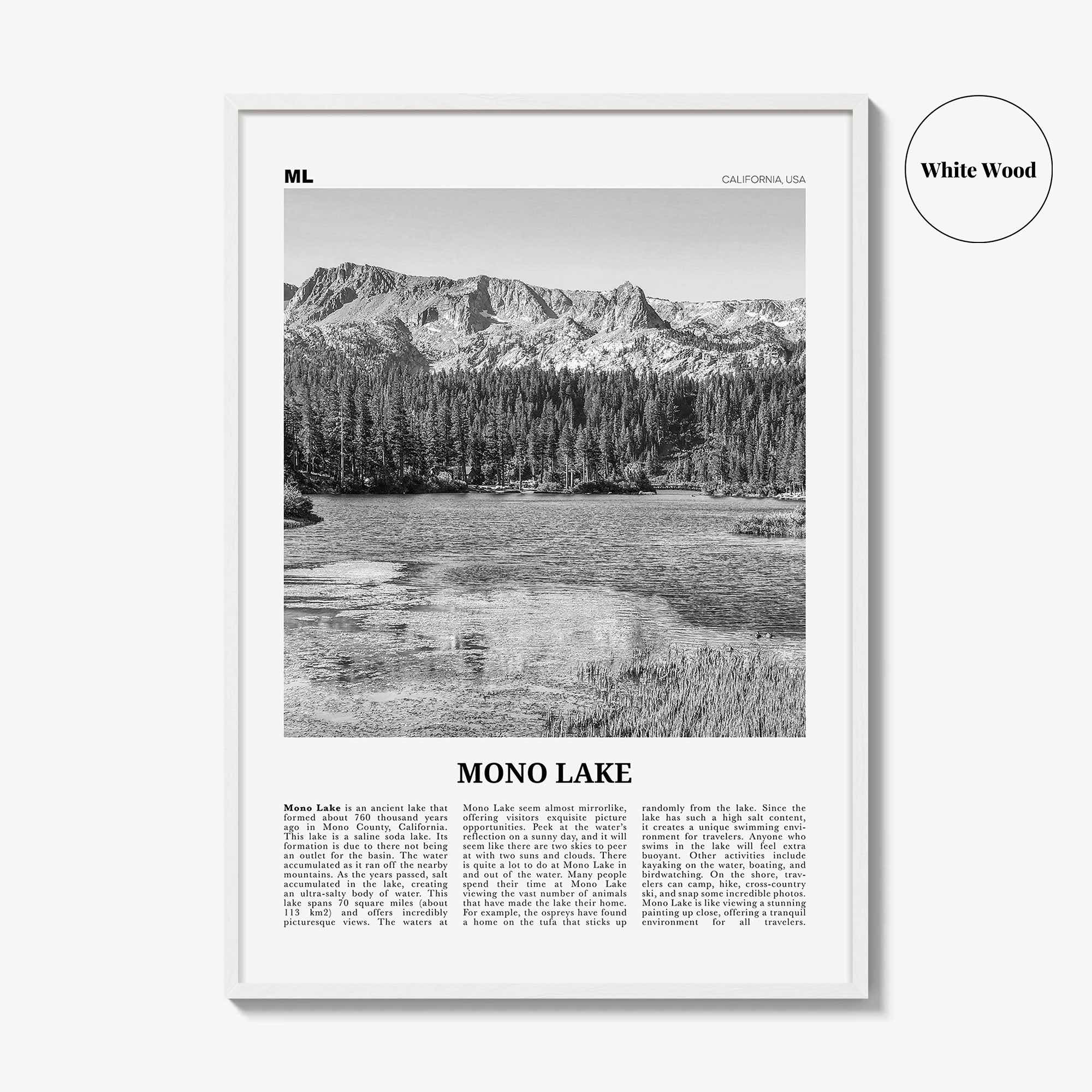 Mono Lake Print Black and White, Mono Lake Wall Art, Mono Lake Poster, Mono Lake Photo, Mono Lake Wall Décor, Mono Lake Map, California, USA