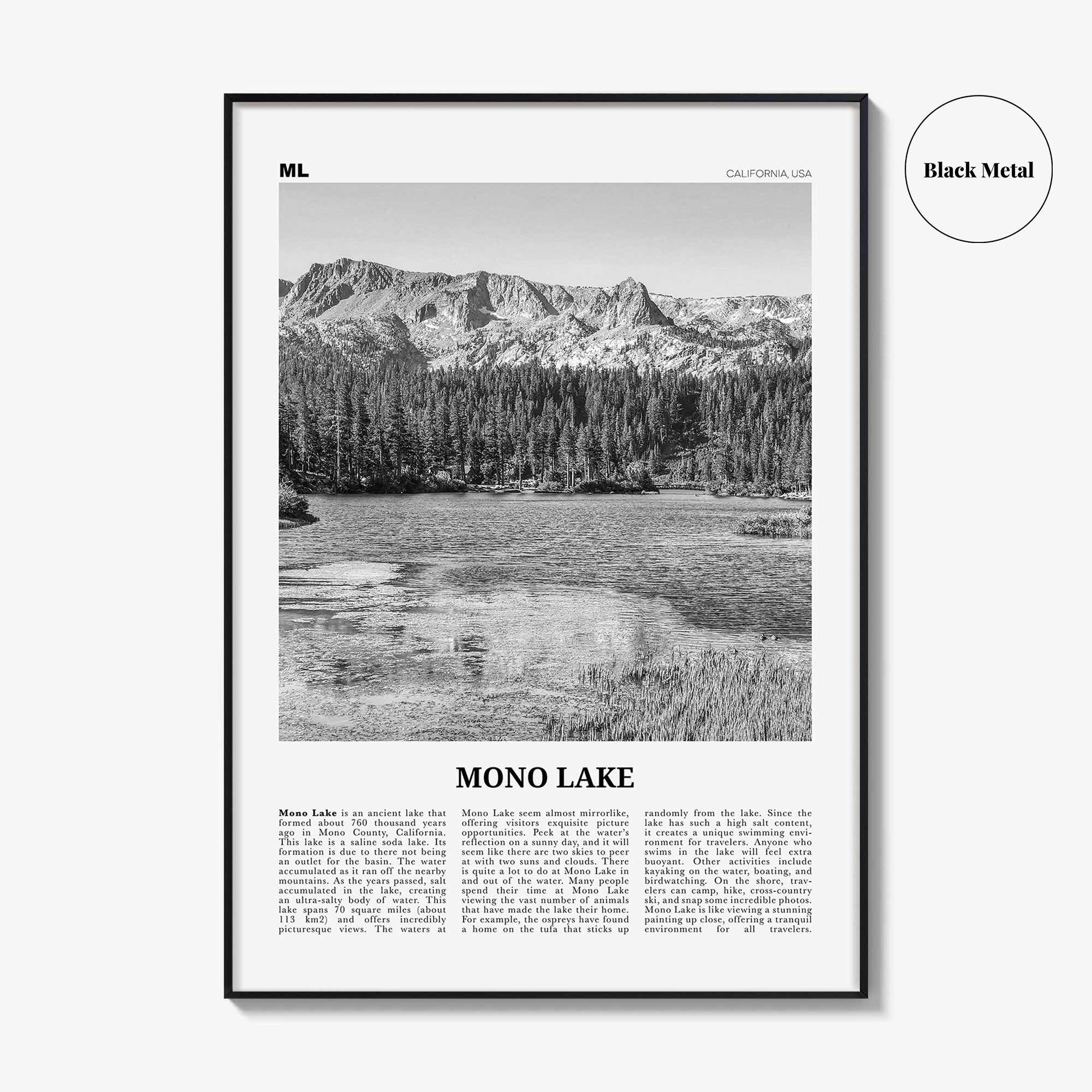 Mono Lake Print Black and White, Mono Lake Wall Art, Mono Lake Poster, Mono Lake Photo, Mono Lake Wall Décor, Mono Lake Map, California, USA