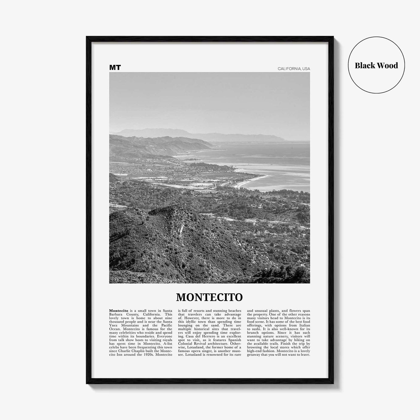 Montecito Print Black and White, Montecito Wall Art, Montecito Poster, Montecito Photo, Montecito Wall Décor, Montecito Map, California, USA