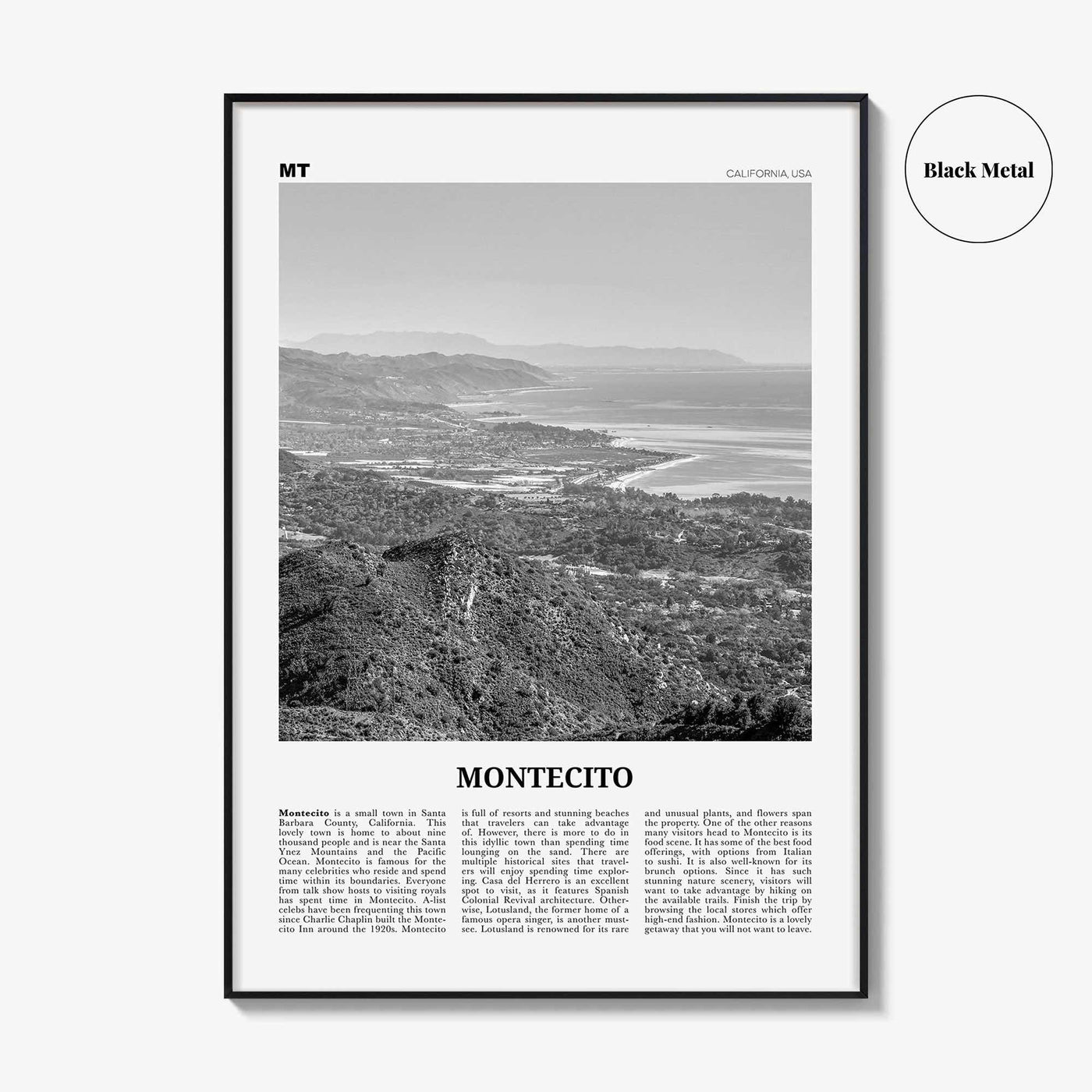 Montecito Print Black and White, Montecito Wall Art, Montecito Poster, Montecito Photo, Montecito Wall Décor, Montecito Map, California, USA