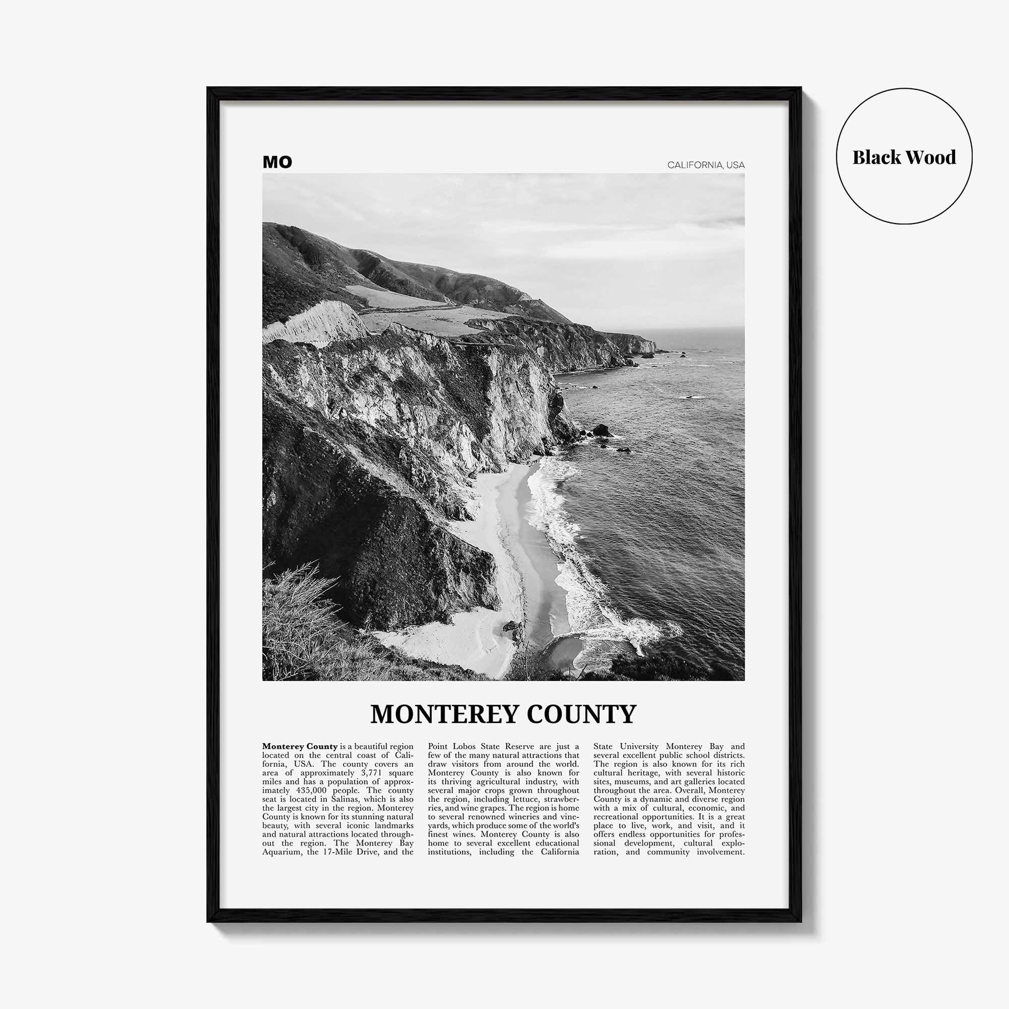 Monterey County Print Black and White, Monterey County Wall Art, Monterey County Poster, Monterey Photo, Monterey Wall Décor, Monterey Map