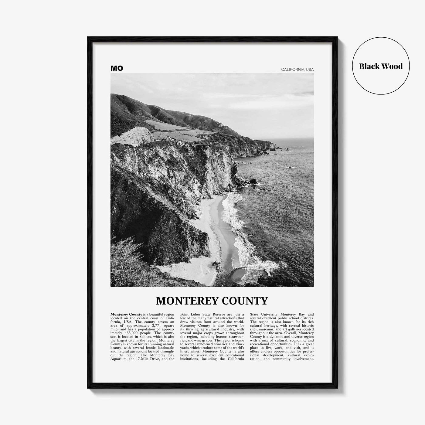 Monterey County Print Black and White, Monterey County Wall Art, Monterey County Poster, Monterey Photo, Monterey Wall Décor, Monterey Map