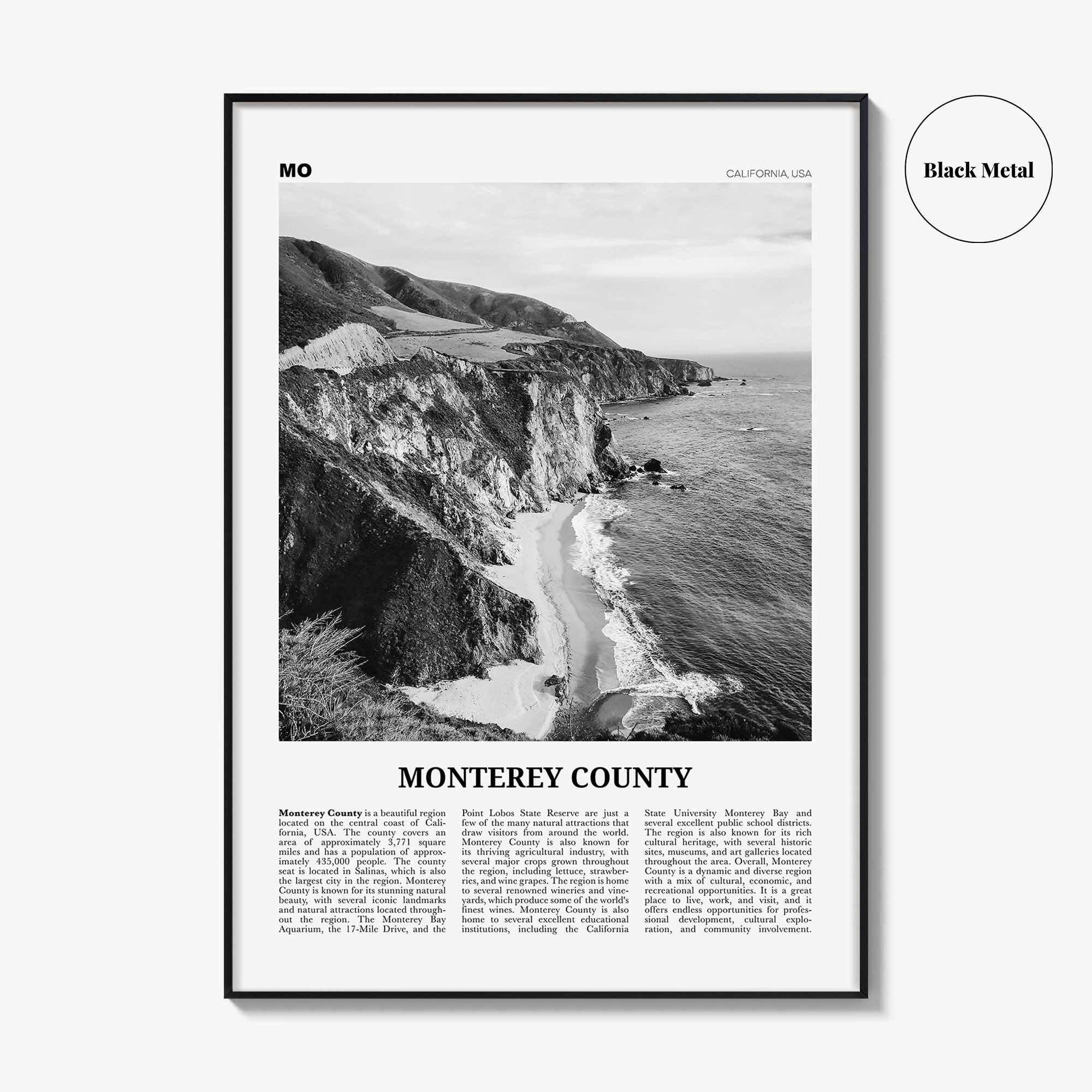Monterey County Print Black and White, Monterey County Wall Art, Monterey County Poster, Monterey Photo, Monterey Wall Décor, Monterey Map
