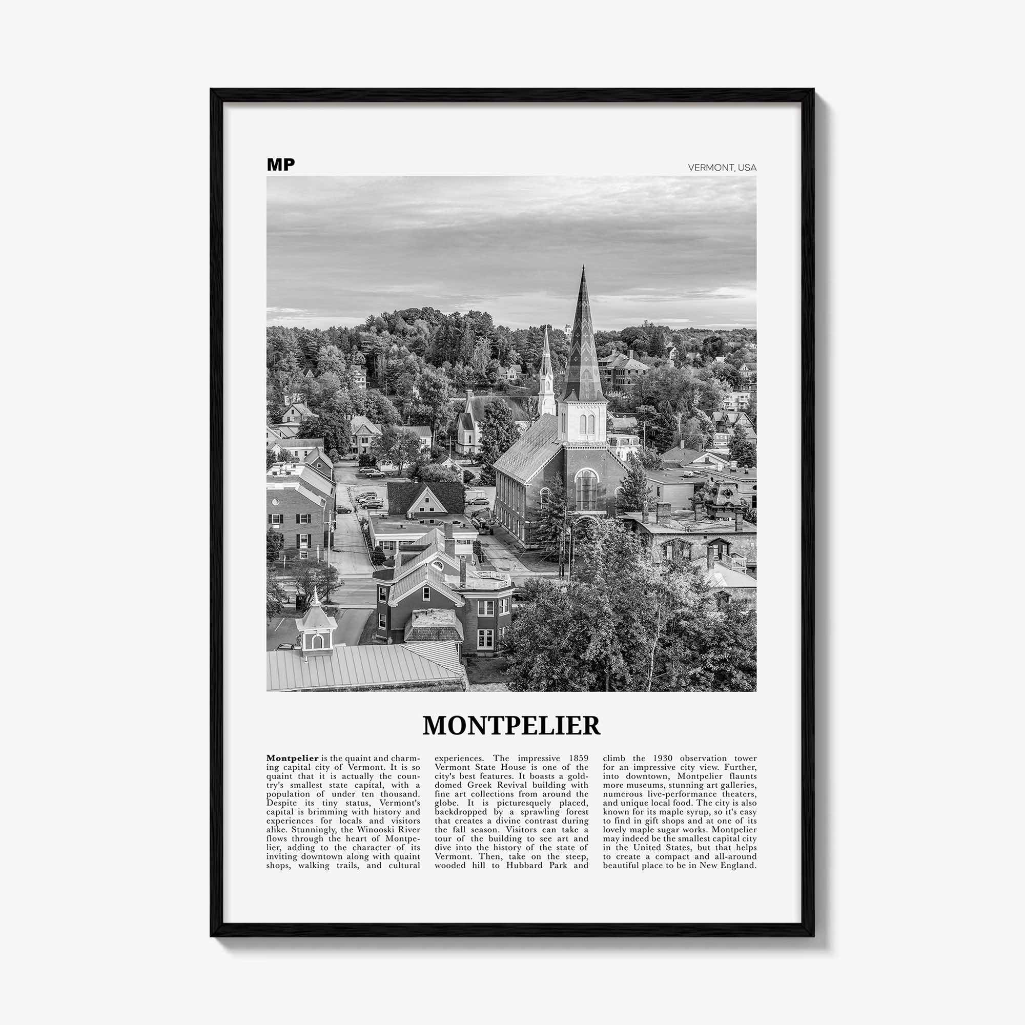 Montpelier Print Black and White, Montpelier Wall Art, Montpelier Poster, Montpelier Photo, Montpelier Décor, Montpelier Map, Vermont, USA
