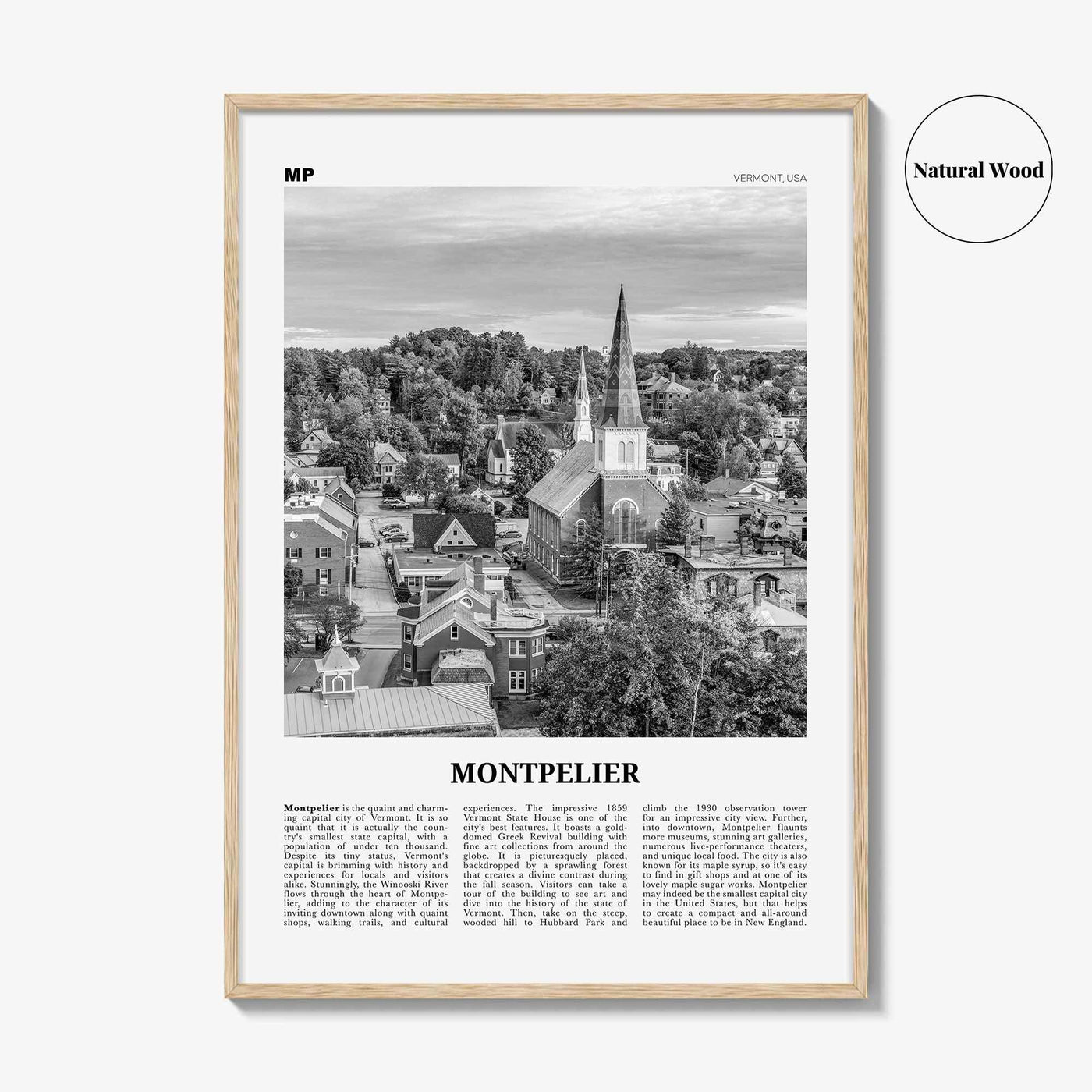 Montpelier Print Black and White, Montpelier Wall Art, Montpelier Poster, Montpelier Photo, Montpelier Décor, Montpelier Map, Vermont, USA