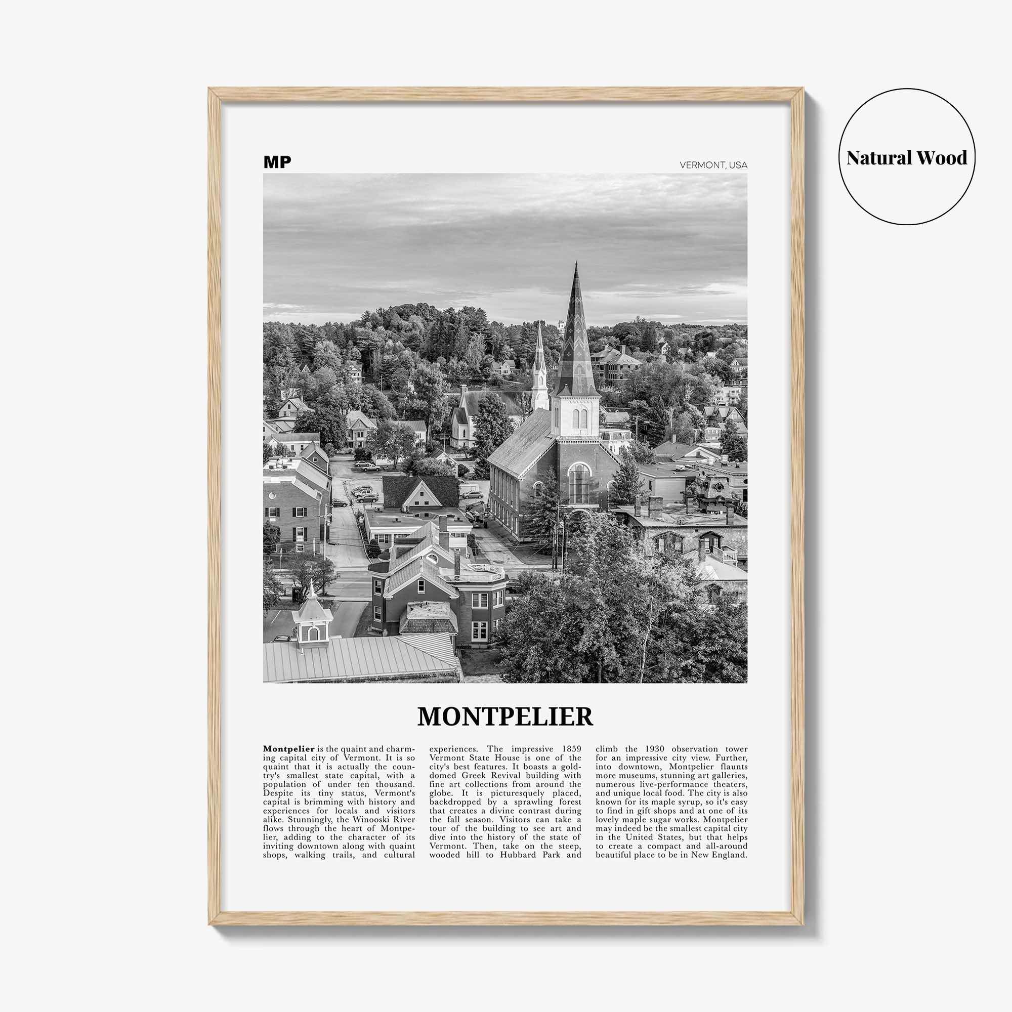 Montpelier Print Black and White, Montpelier Wall Art, Montpelier Poster, Montpelier Photo, Montpelier Décor, Montpelier Map, Vermont, USA