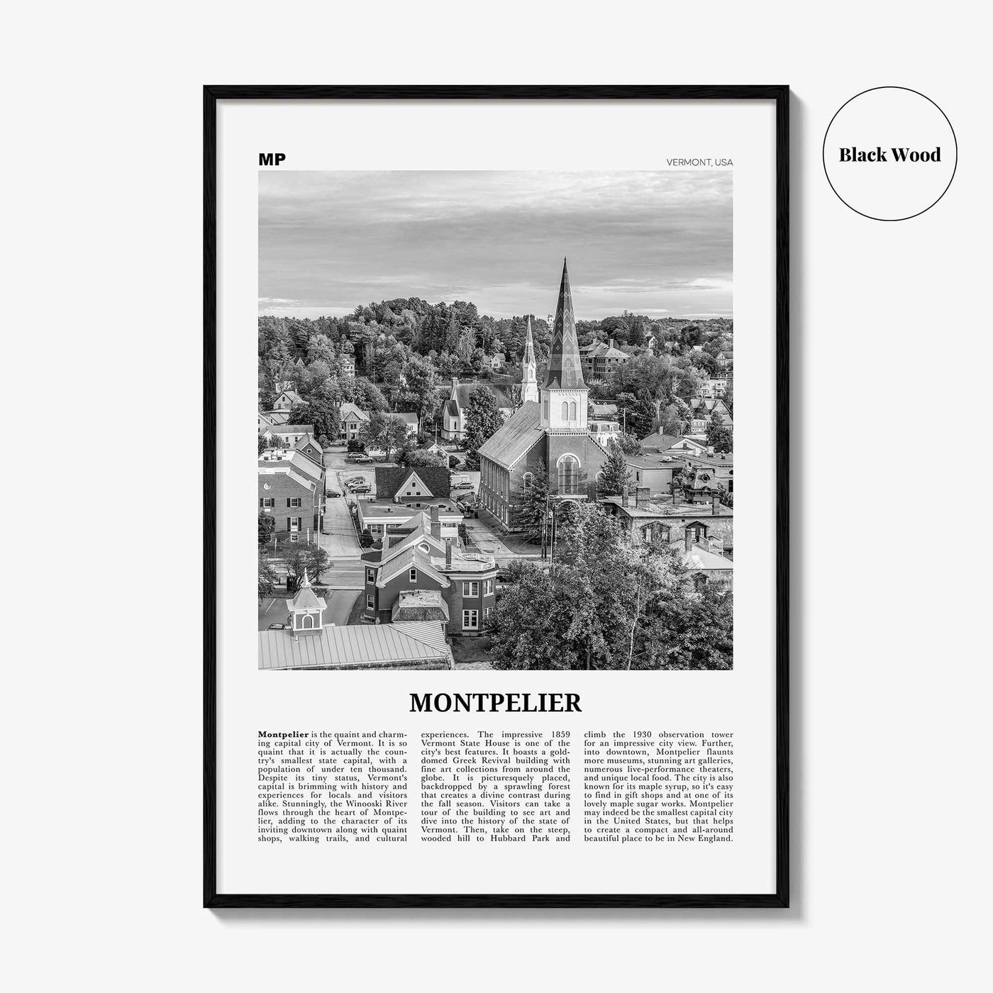 Montpelier Print Black and White, Montpelier Wall Art, Montpelier Poster, Montpelier Photo, Montpelier Décor, Montpelier Map, Vermont, USA